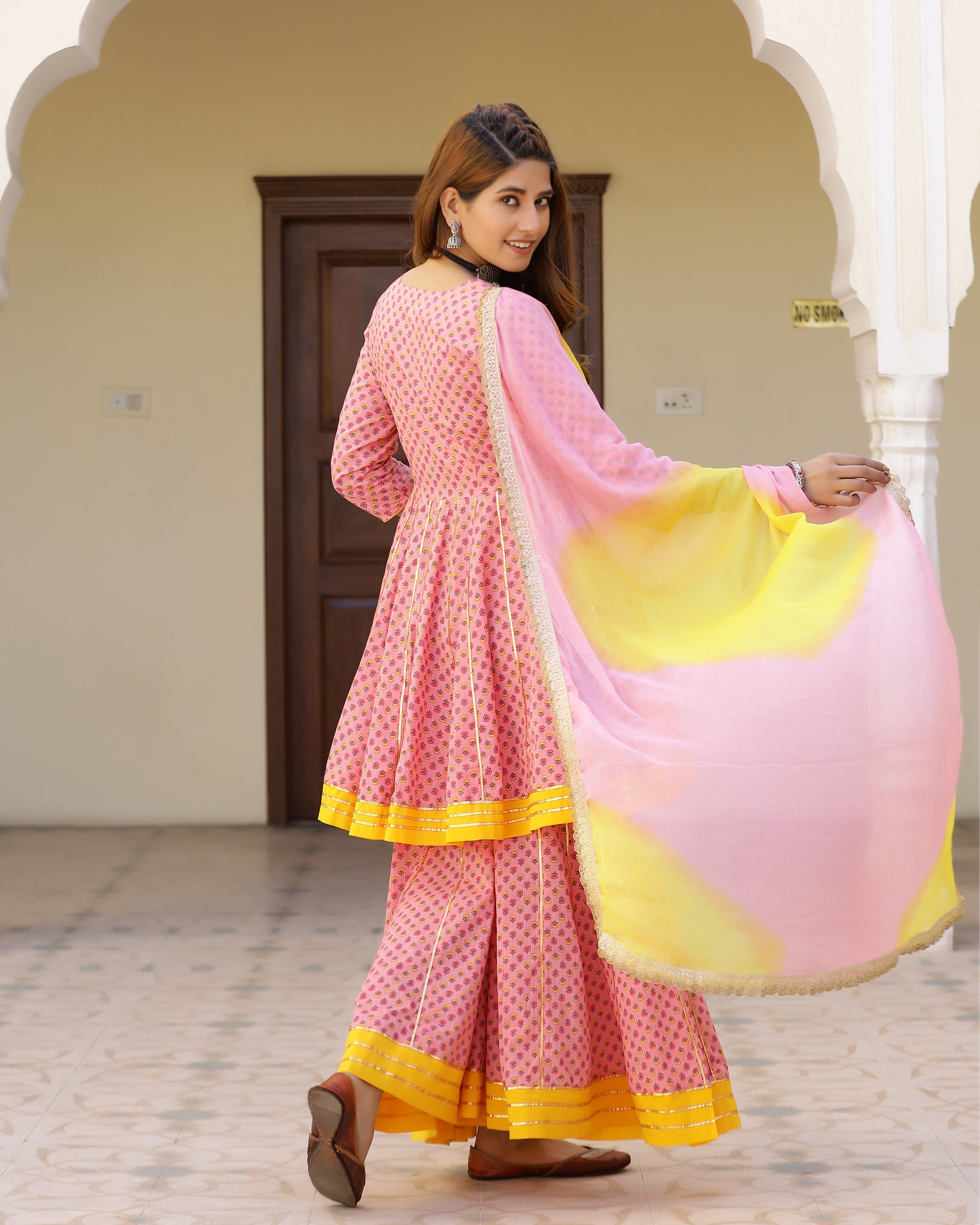 Candy Peach Printed Gotapatti Sharara Kurta Set