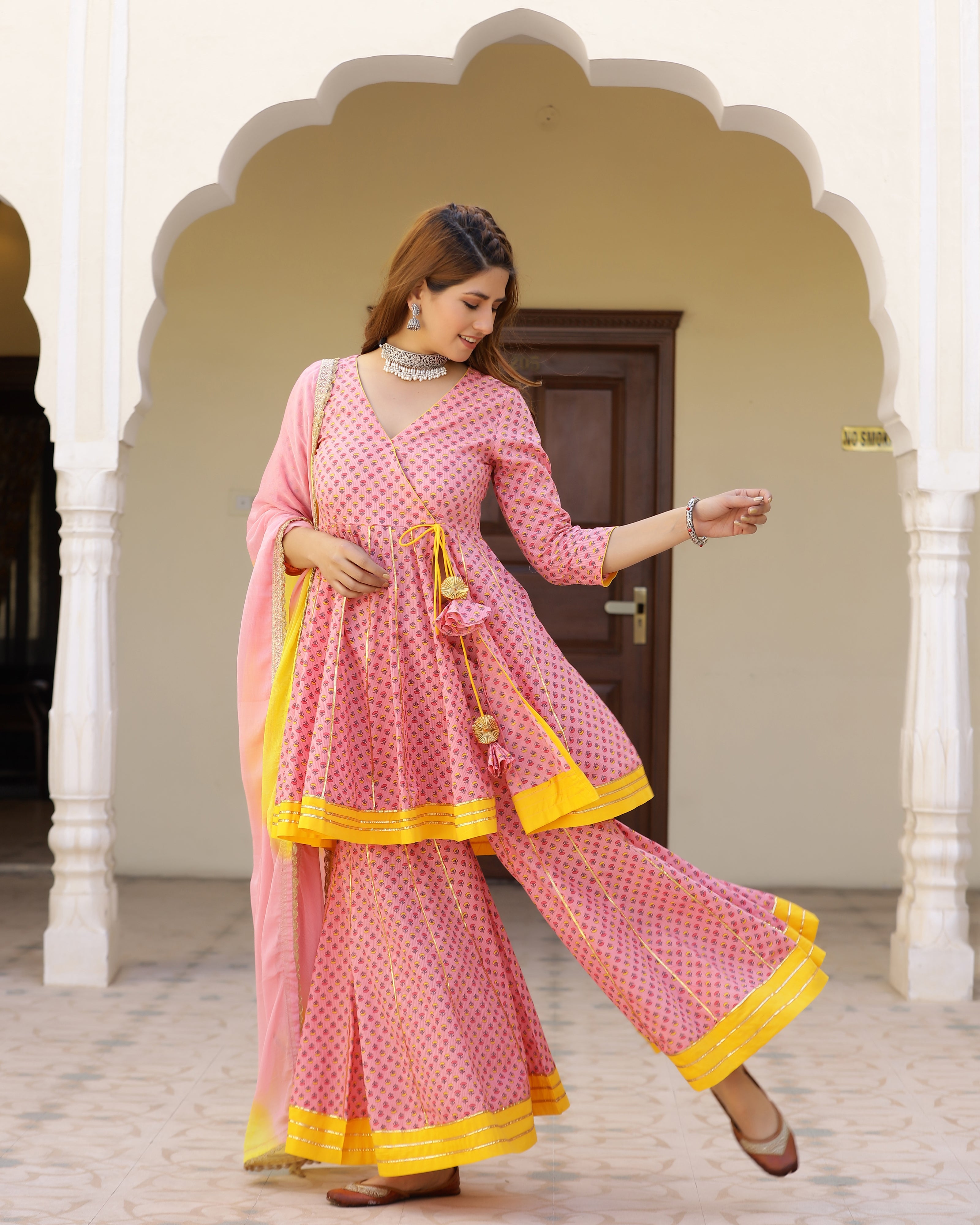 Candy Peach Printed Gotapatti Sharara Kurta Set