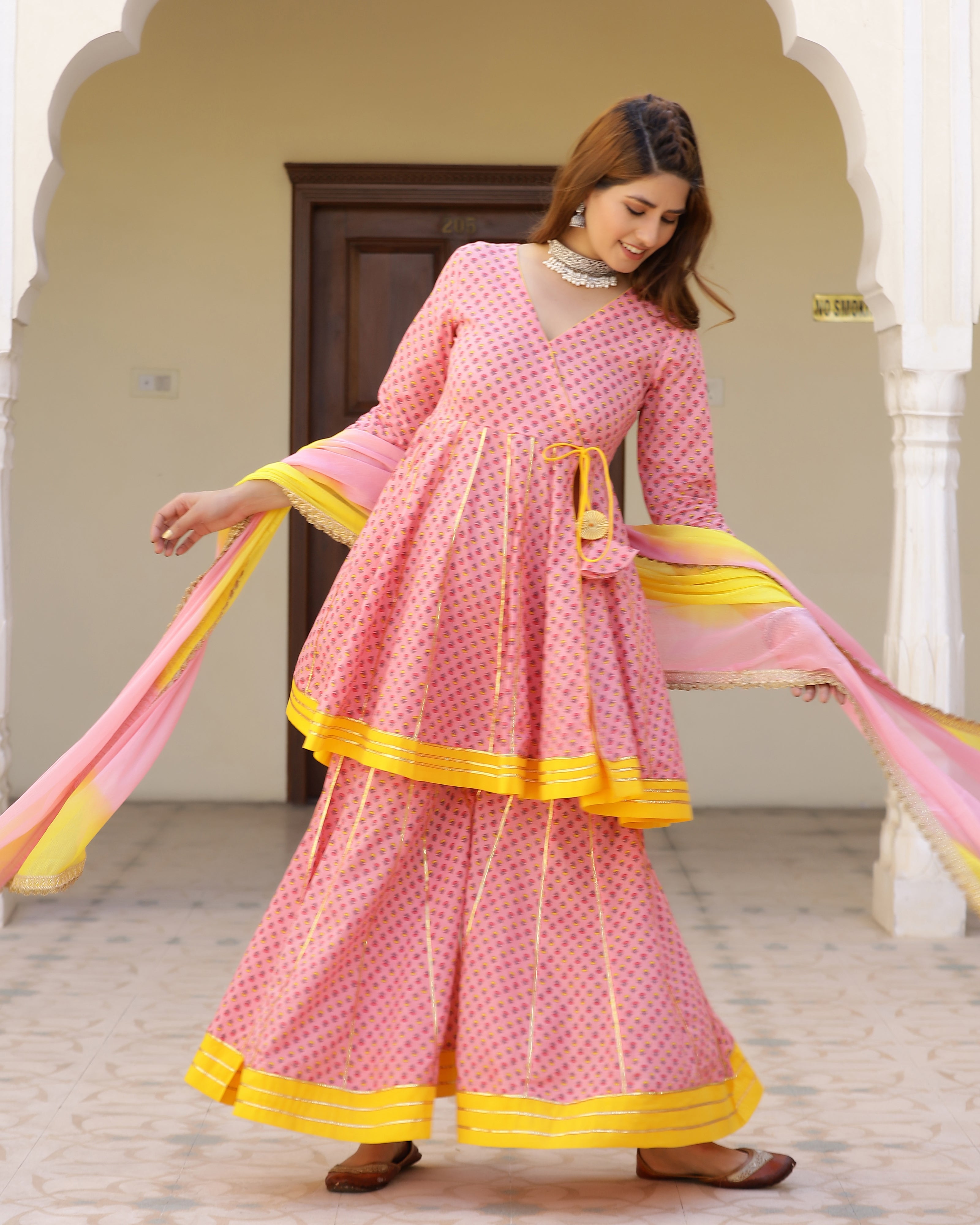 Candy Peach Printed Gotapatti Sharara Kurta Set