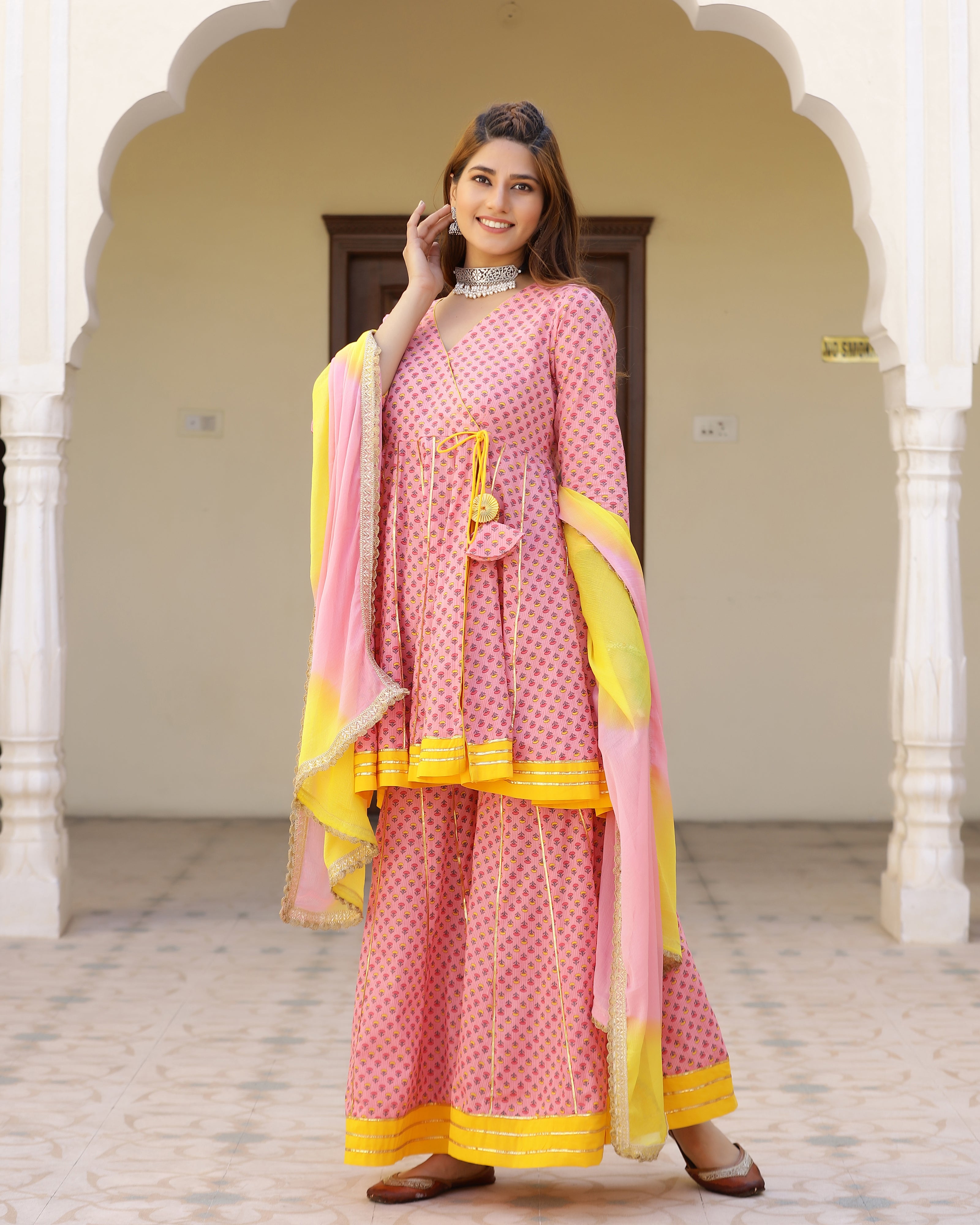 Candy Peach Printed Gotapatti Sharara Kurta Set