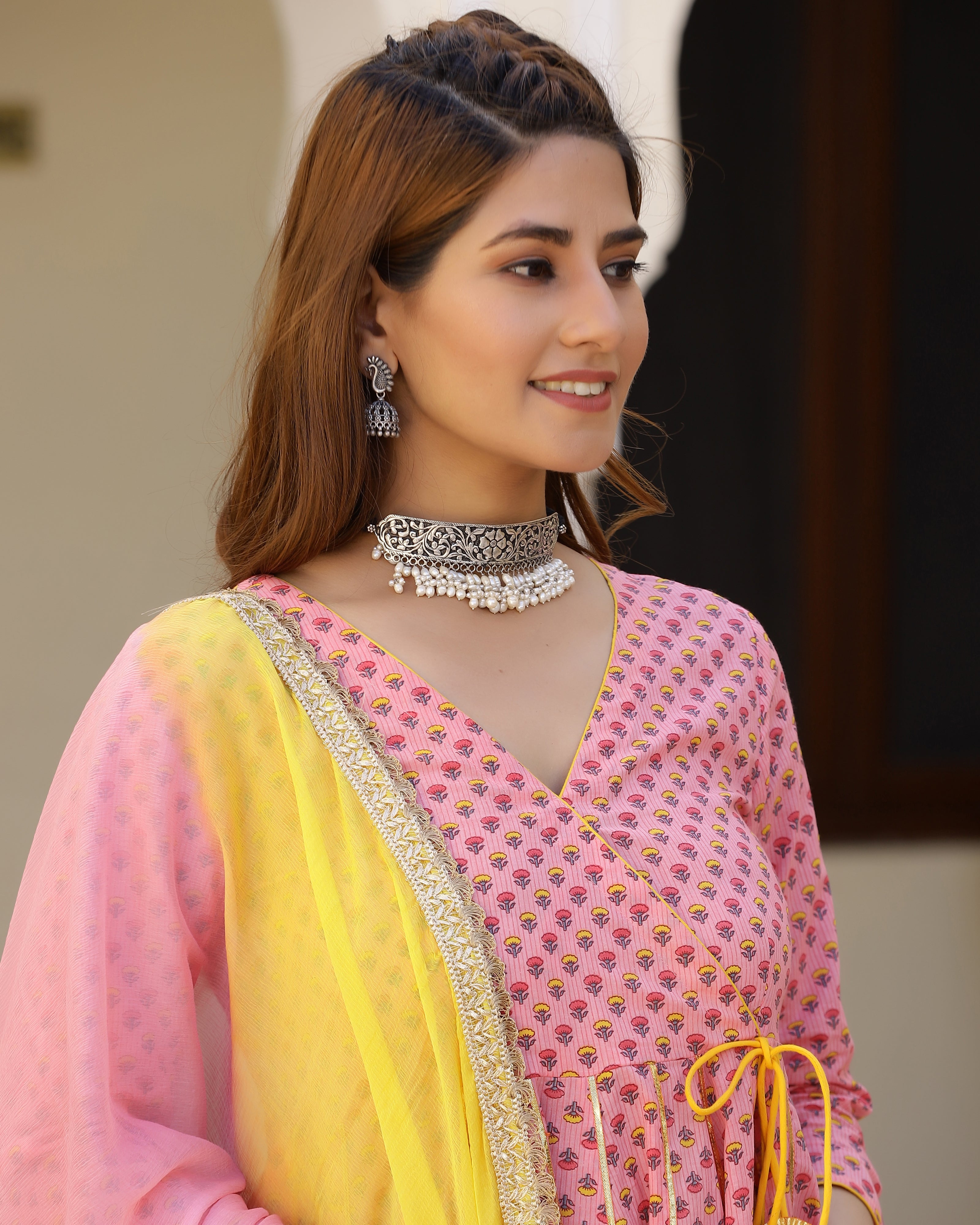 Candy Peach Printed Gotapatti Sharara Kurta Set