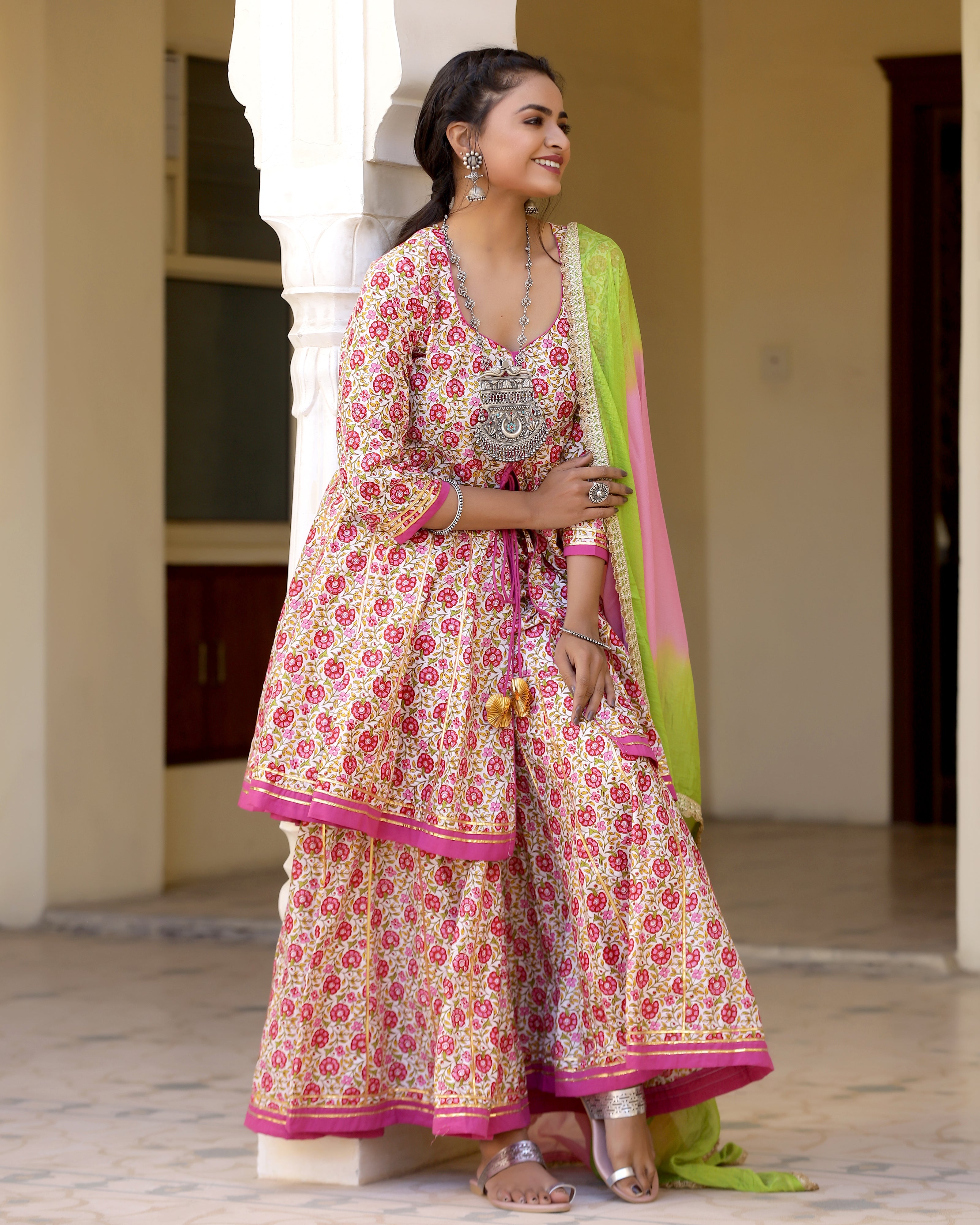 Cute Pink Printed Gotapatti Sharara Kurta Set