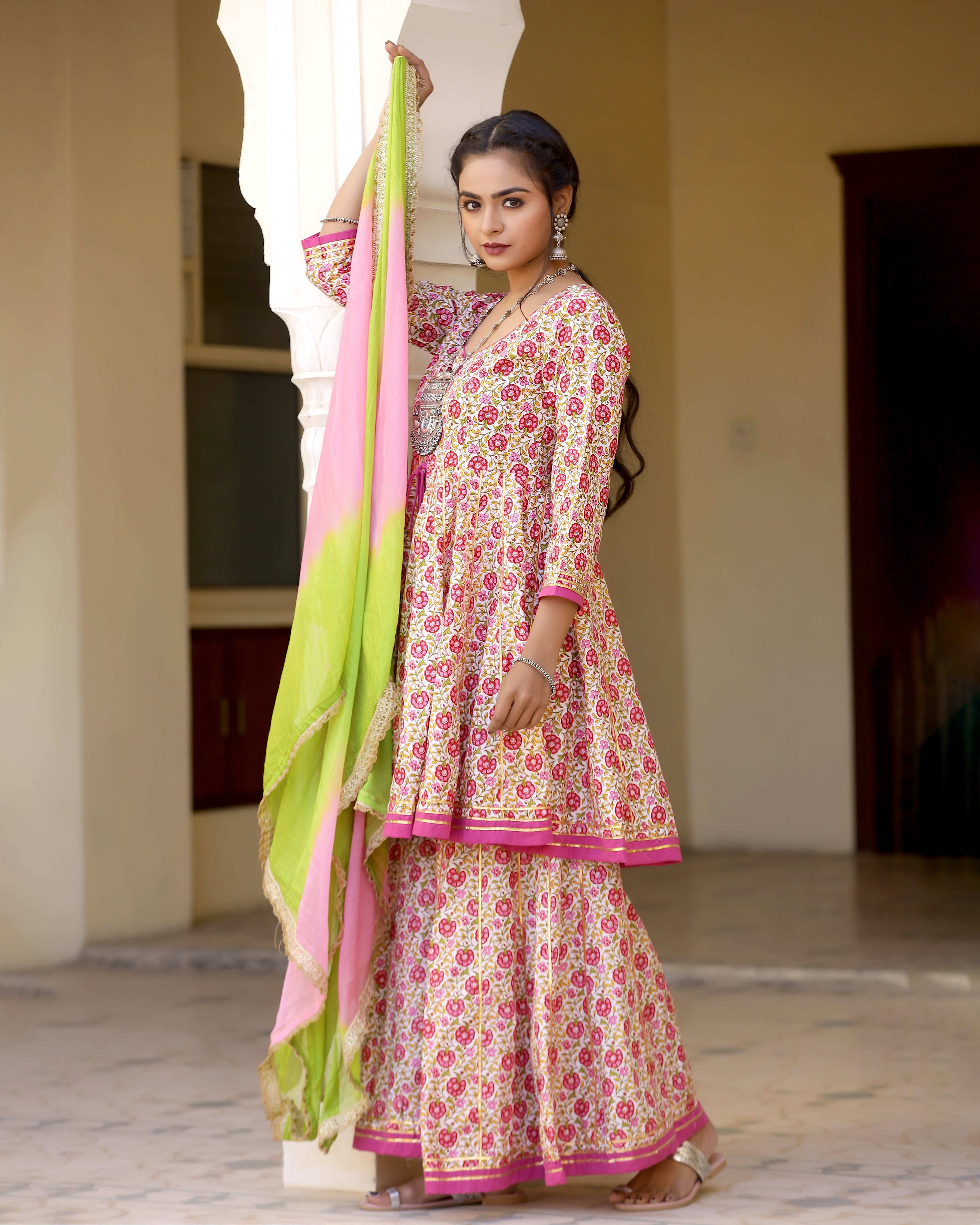 Cute Pink Printed Gotapatti Sharara Kurta Set