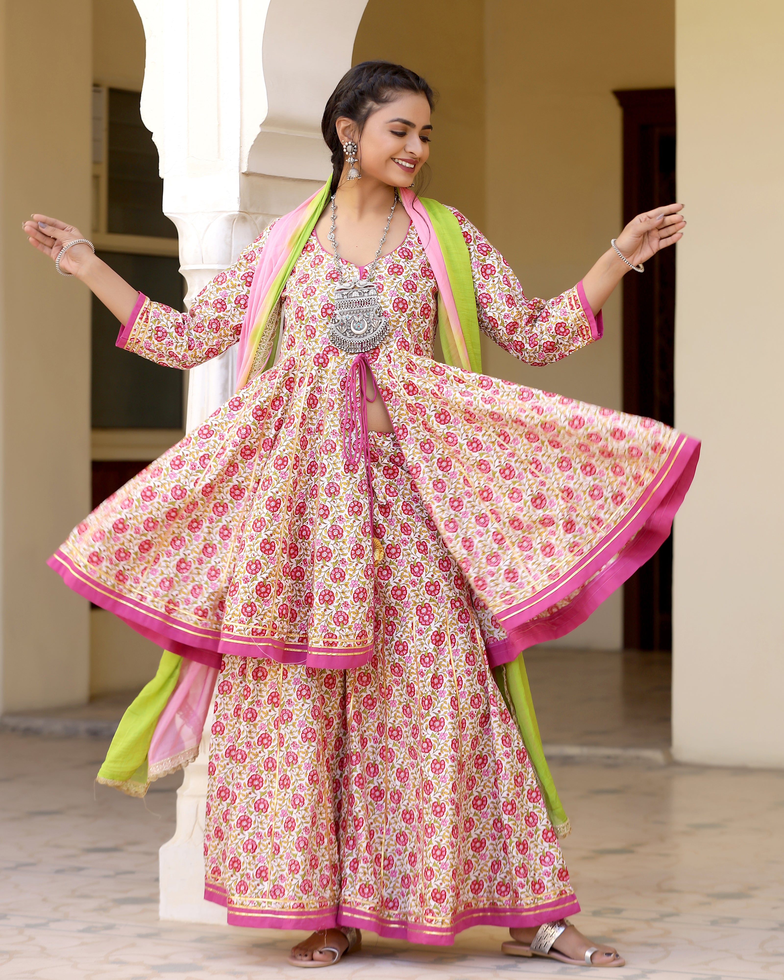 Cute Pink Printed Gotapatti Sharara Kurta Set
