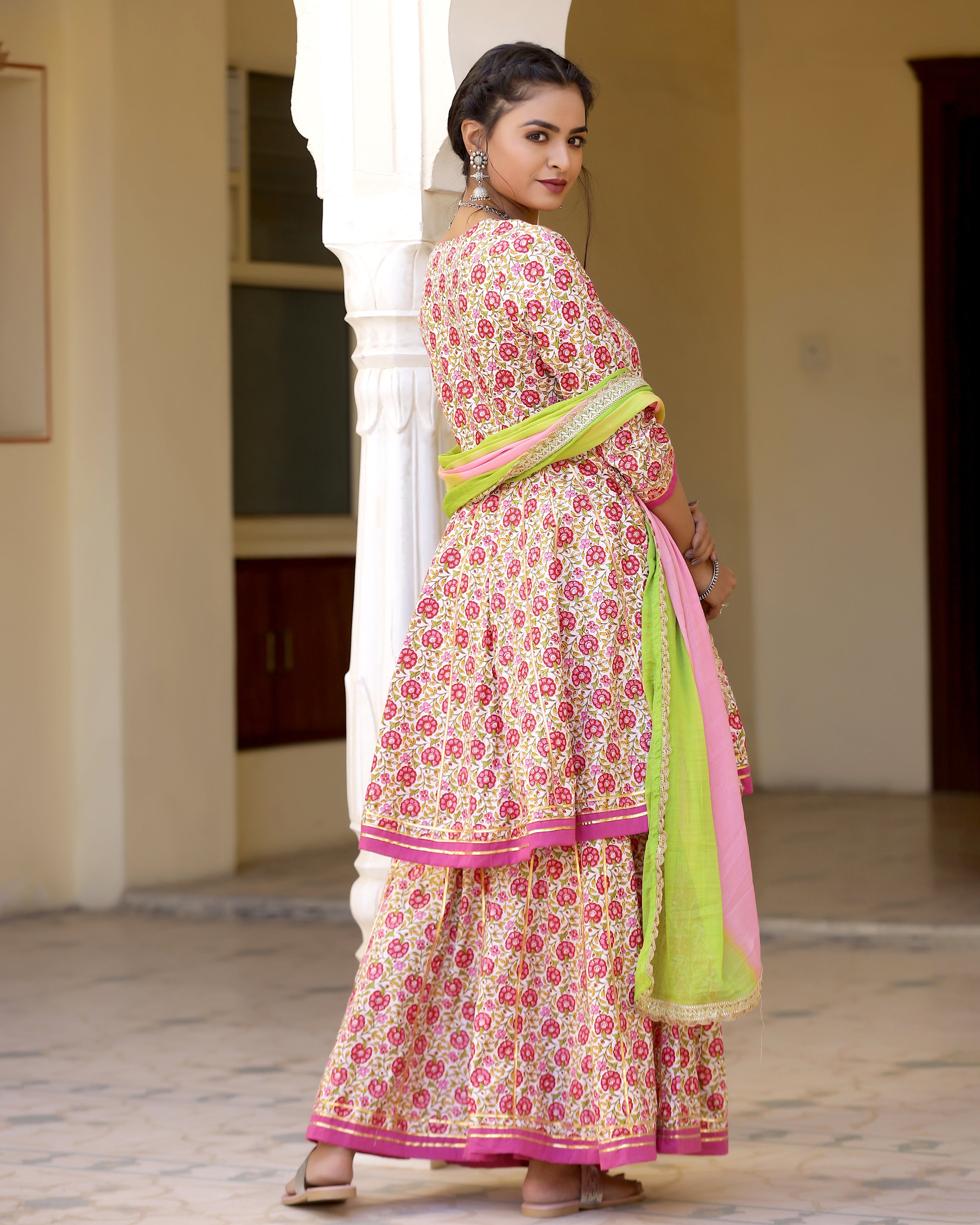 Cute Pink Printed Gotapatti Sharara Kurta Set