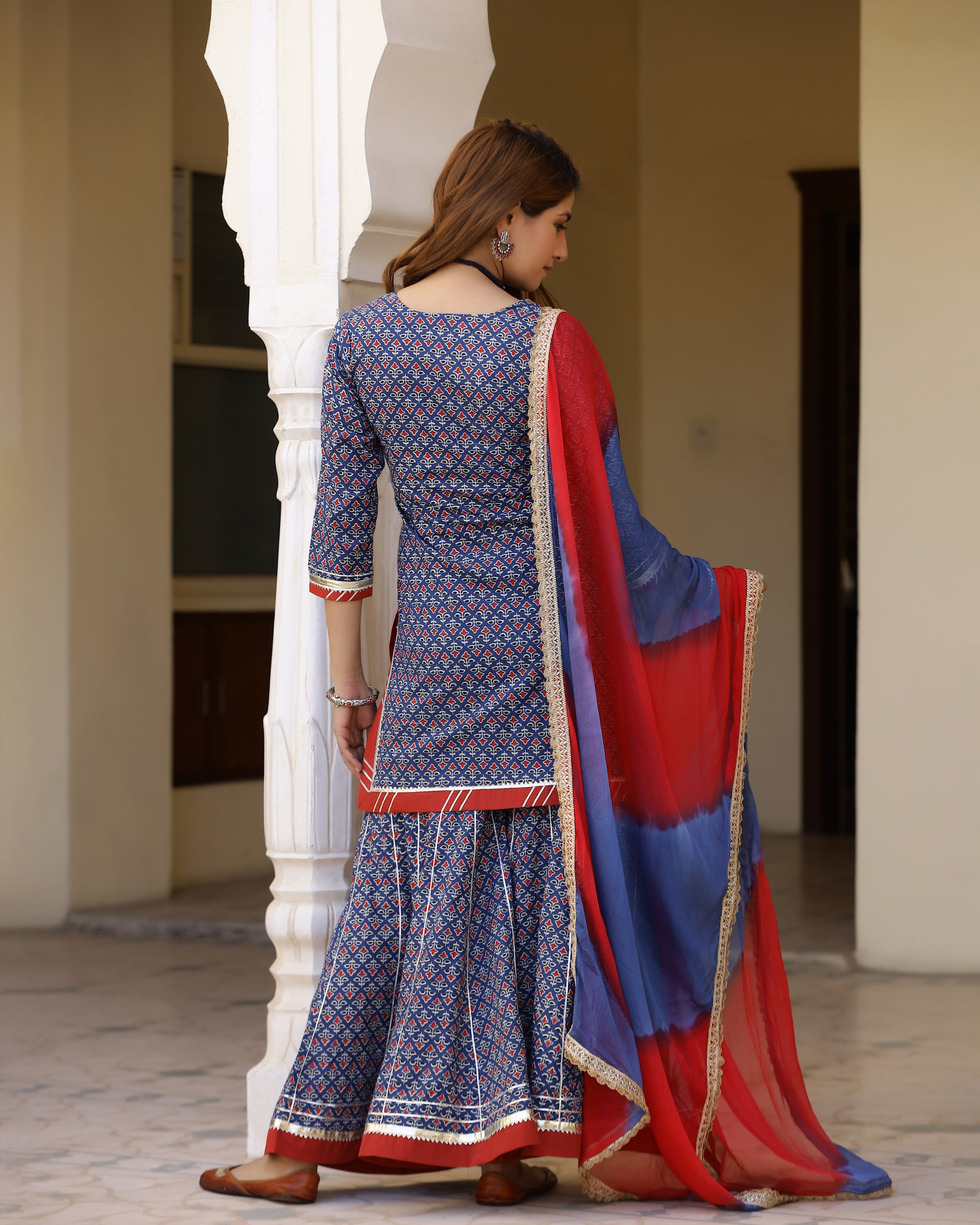 Bright Blue Printed Gotapatti Sharara Kurta Set