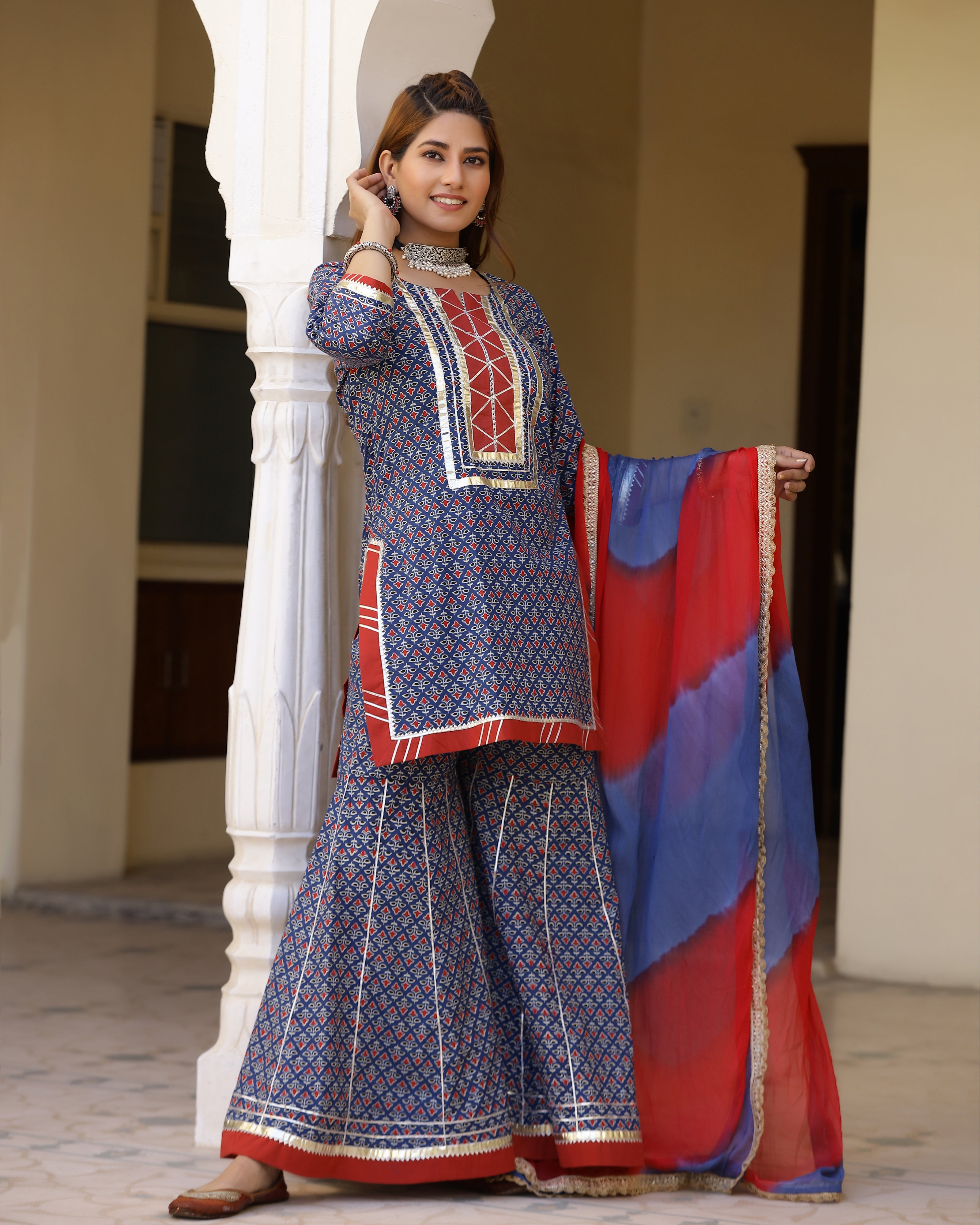 Bright Blue Printed Gotapatti Sharara Kurta Set