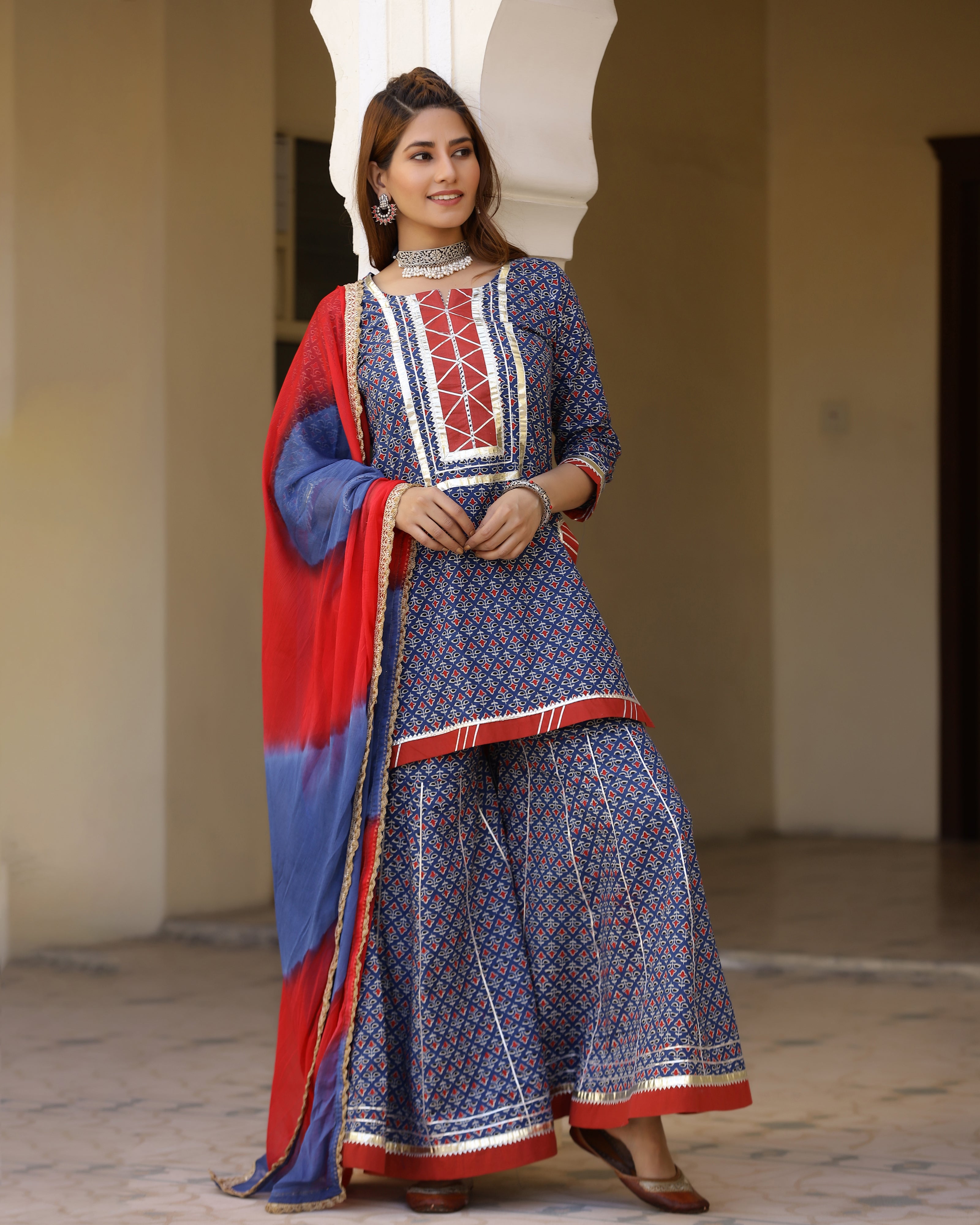 Bright Blue Printed Gotapatti Sharara Kurta Set