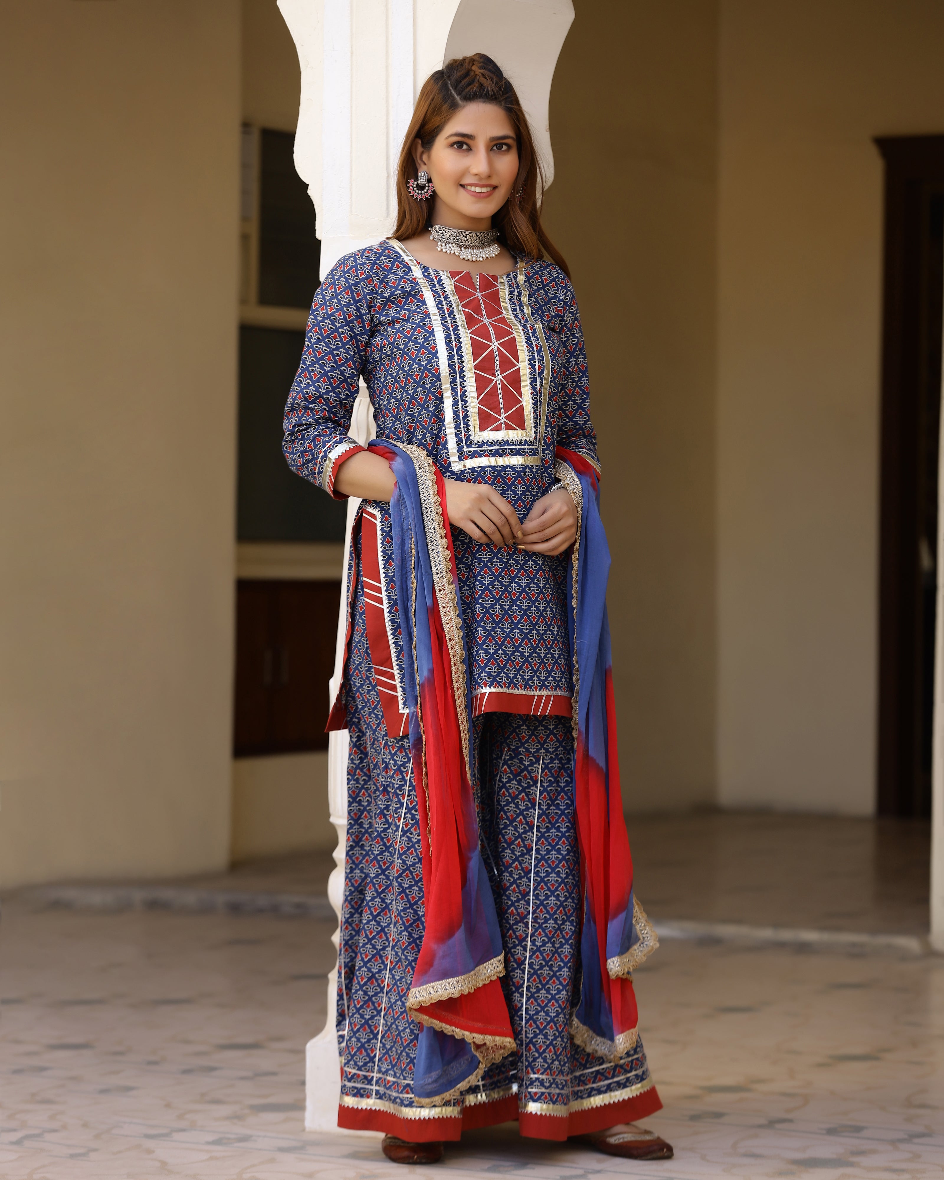 Bright Blue Printed Gotapatti Sharara Kurta Set