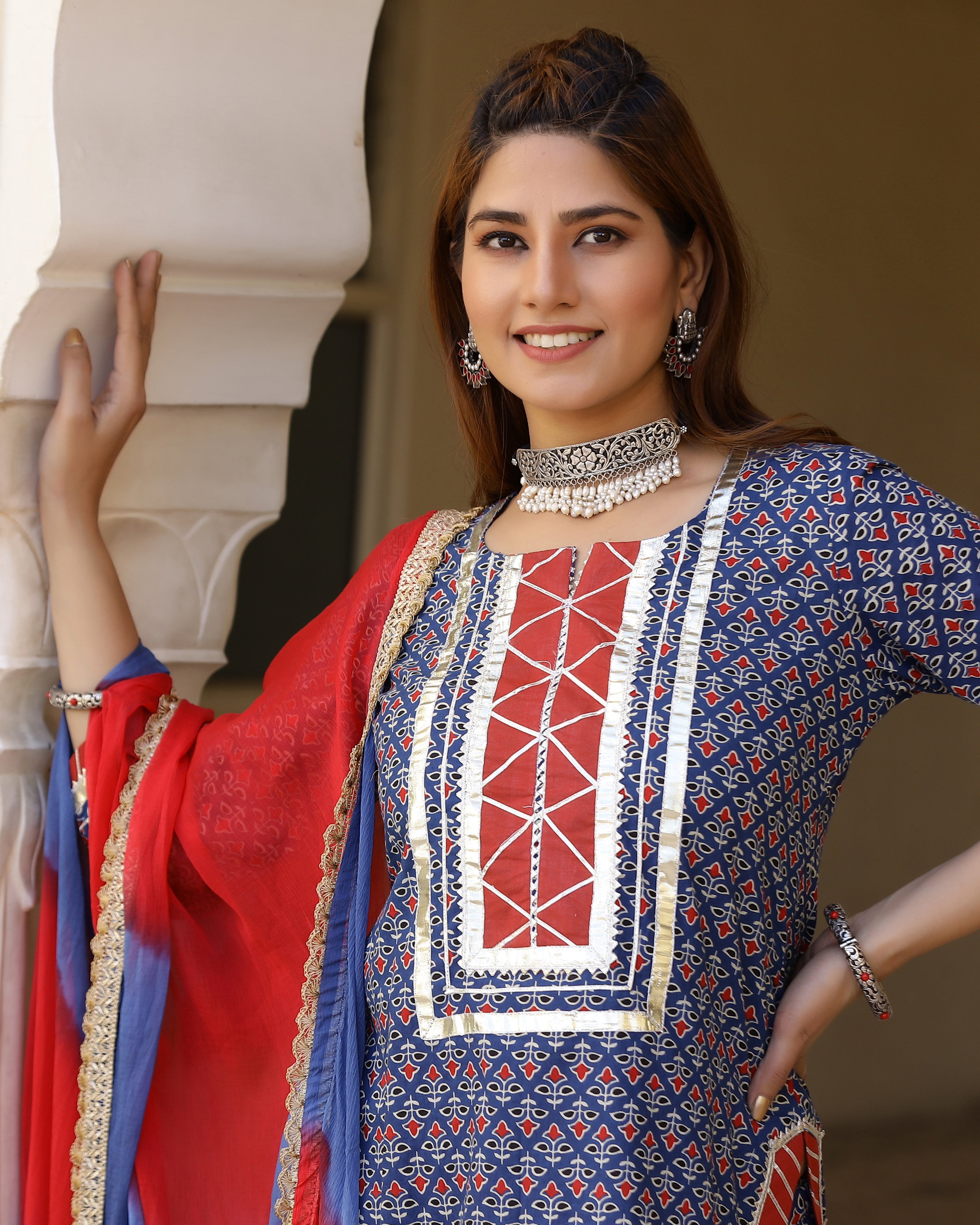 Bright Blue Printed Gotapatti Sharara Kurta Set