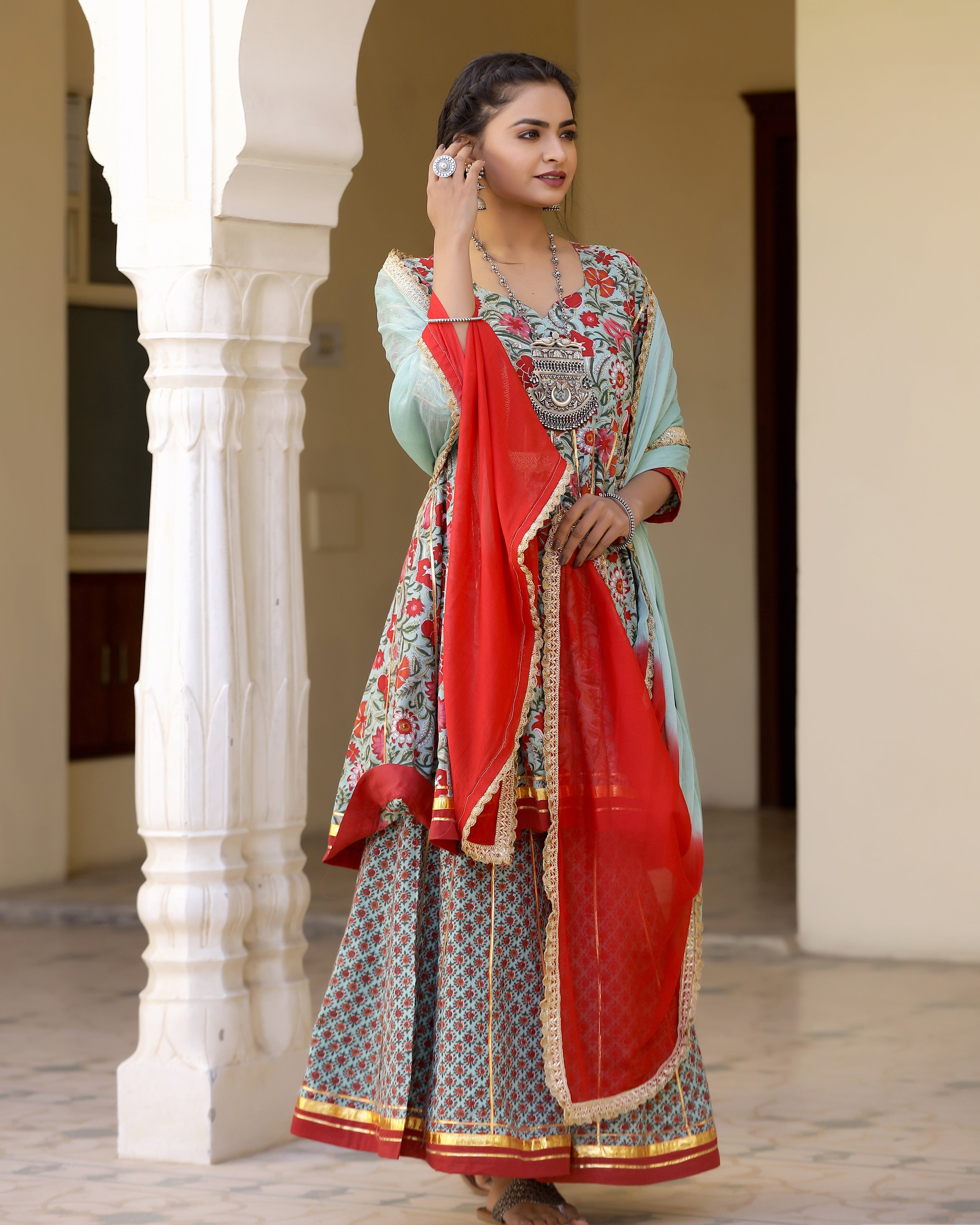Shine Red Printed Gotapatti Sharara Kurta Set