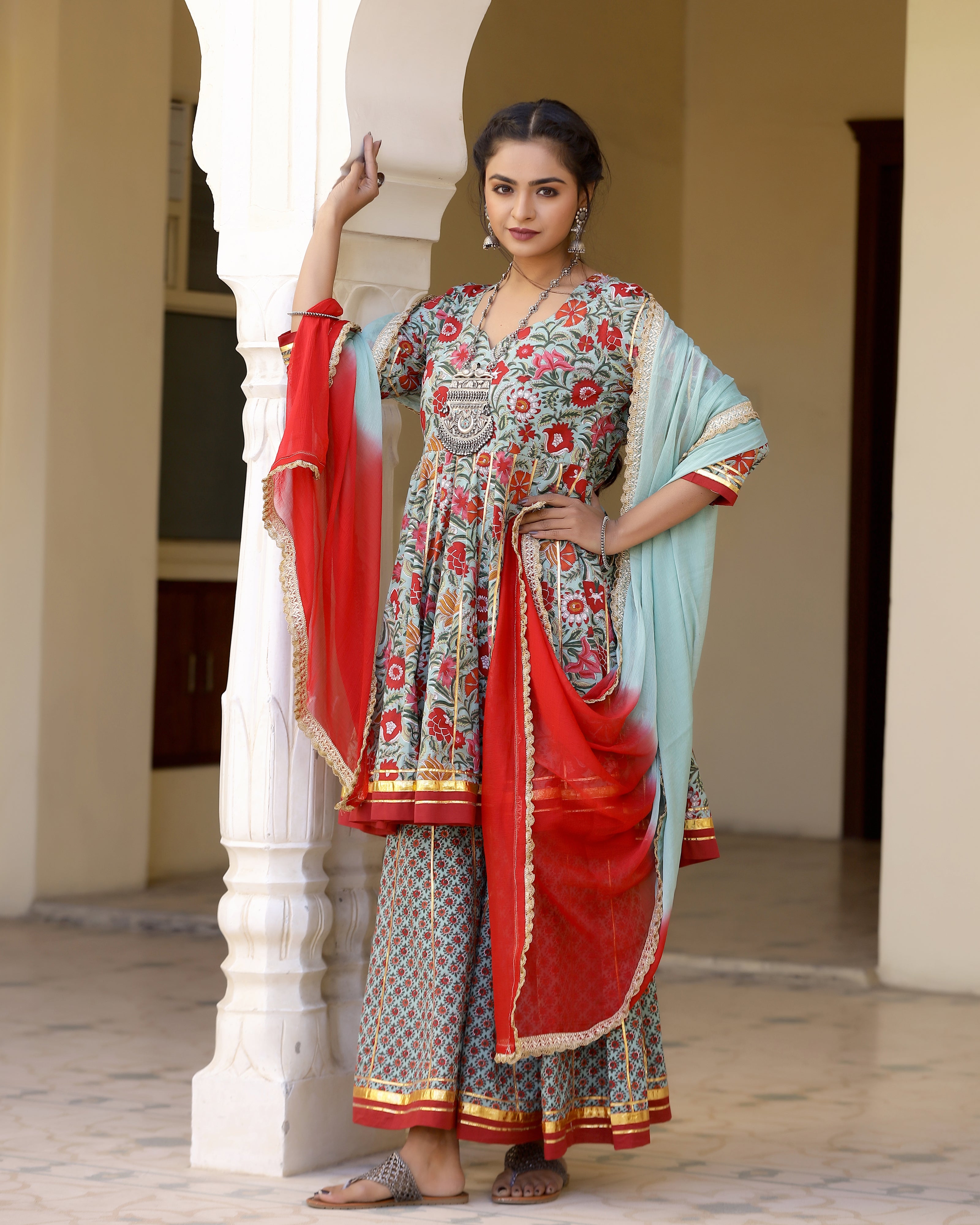 Shine Red Printed Gotapatti Sharara Kurta Set