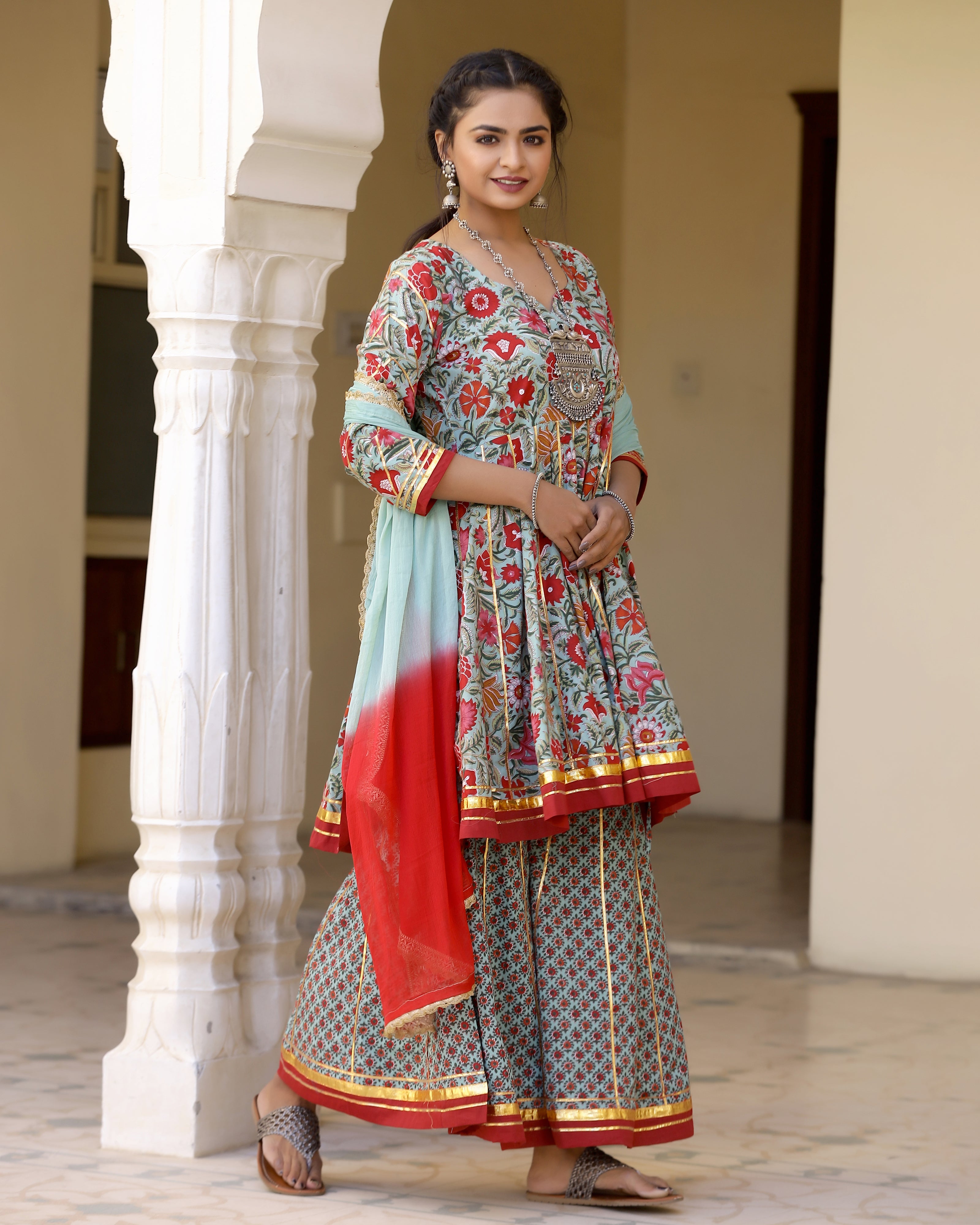 Shine Red Printed Gotapatti Sharara Kurta Set