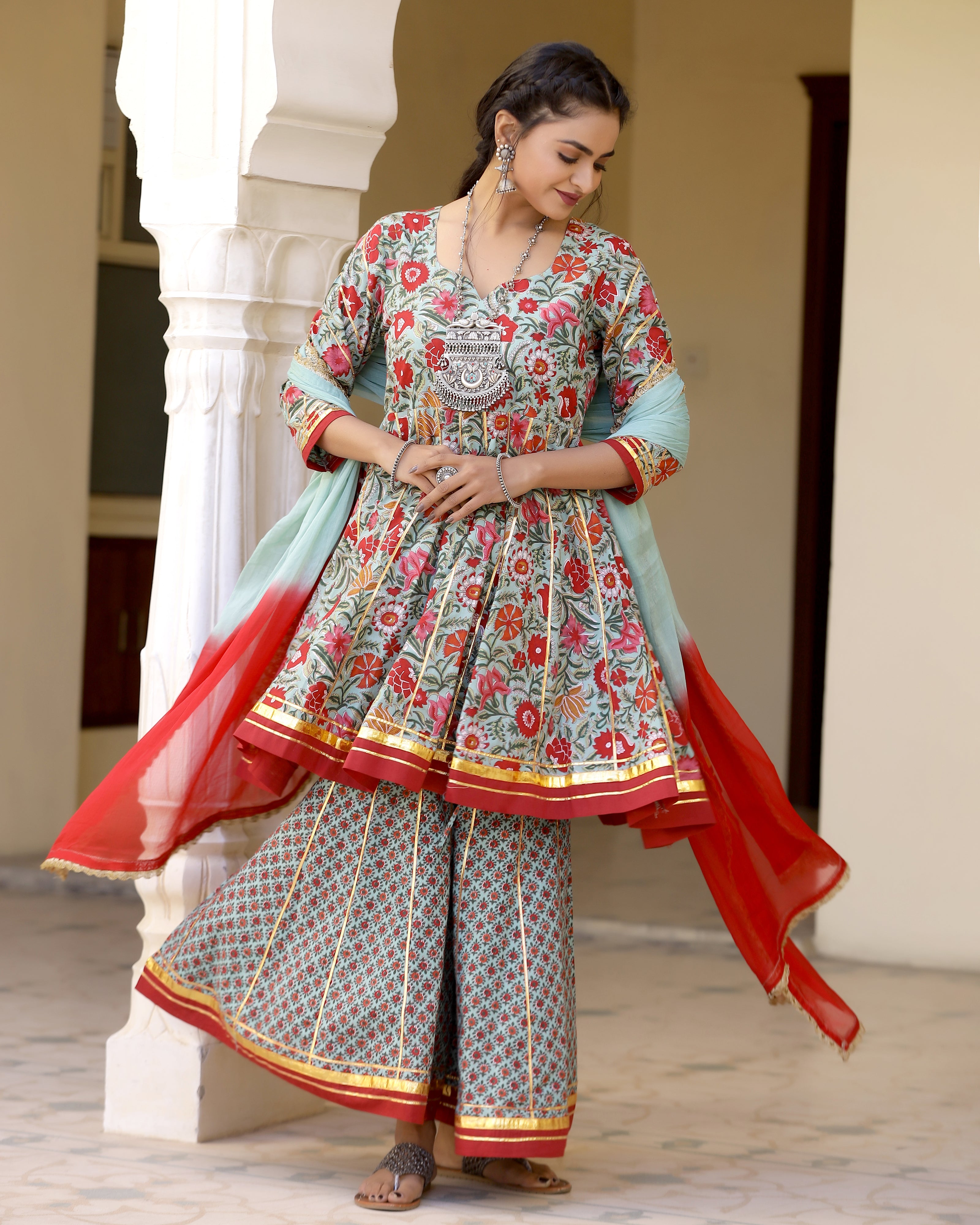 Shine Red Printed Gotapatti Sharara Kurta Set