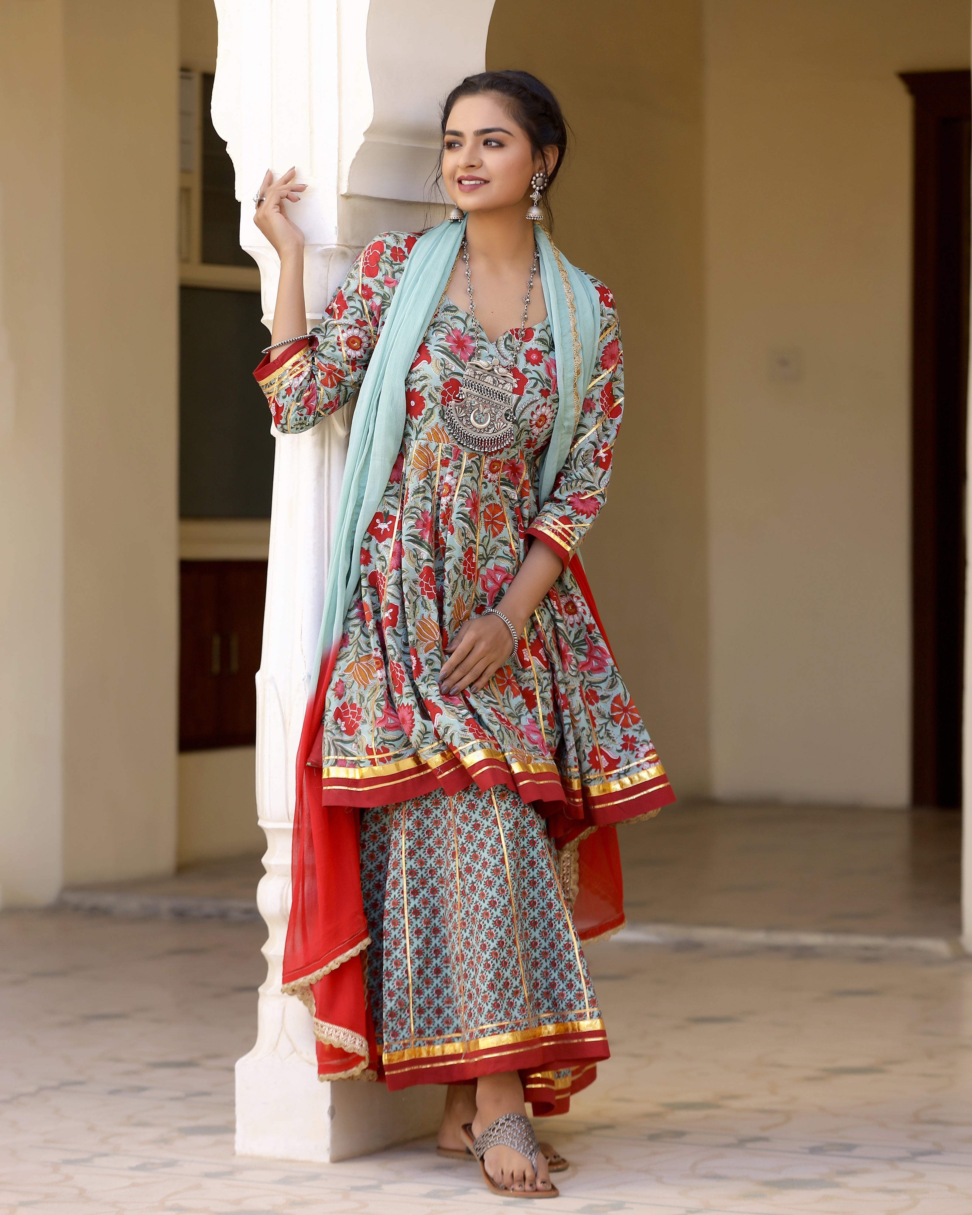 Shine Red Printed Gotapatti Sharara Kurta Set