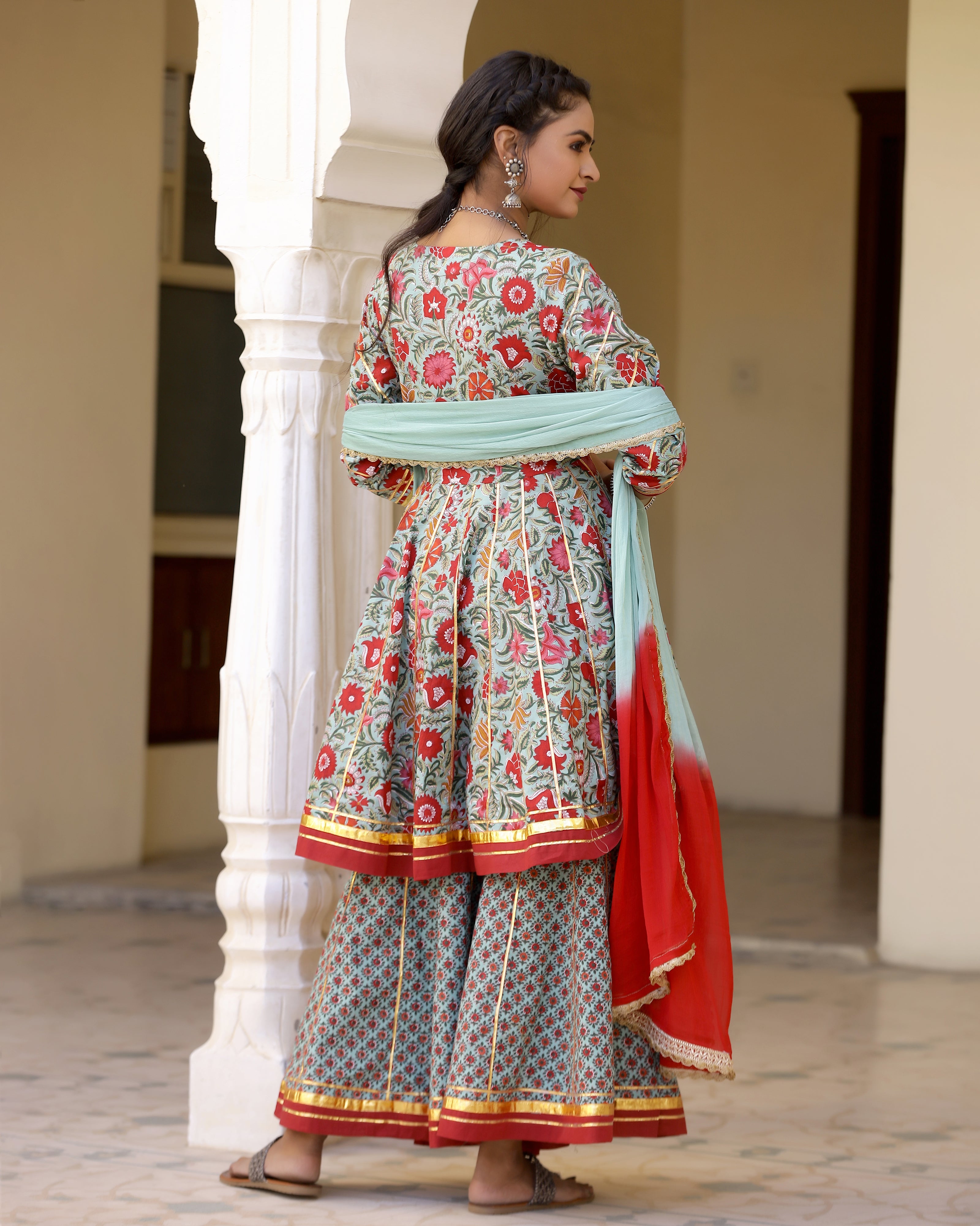 Shine Red Printed Gotapatti Sharara Kurta Set