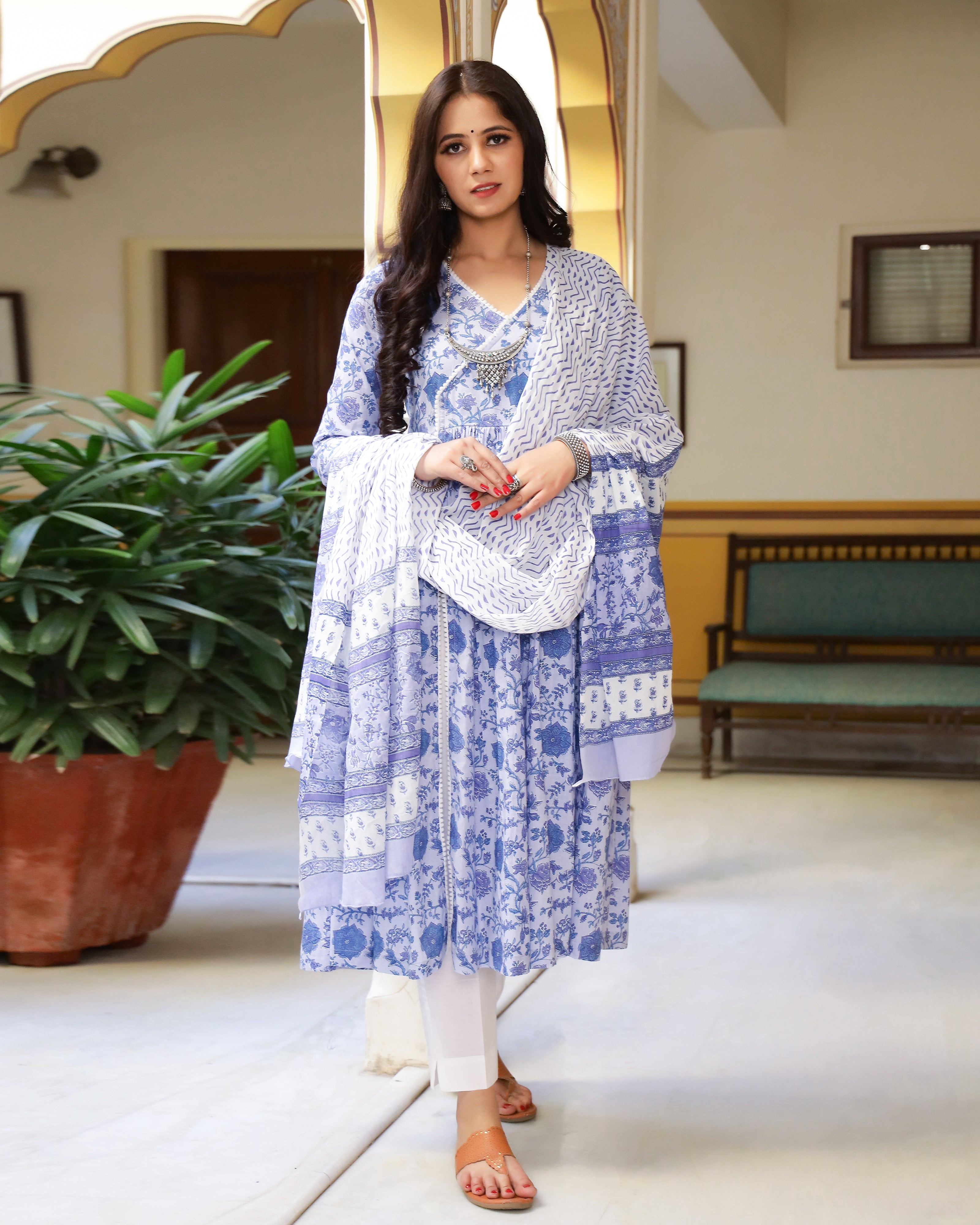 Lavender Printed Cotton Kurta Pants set
