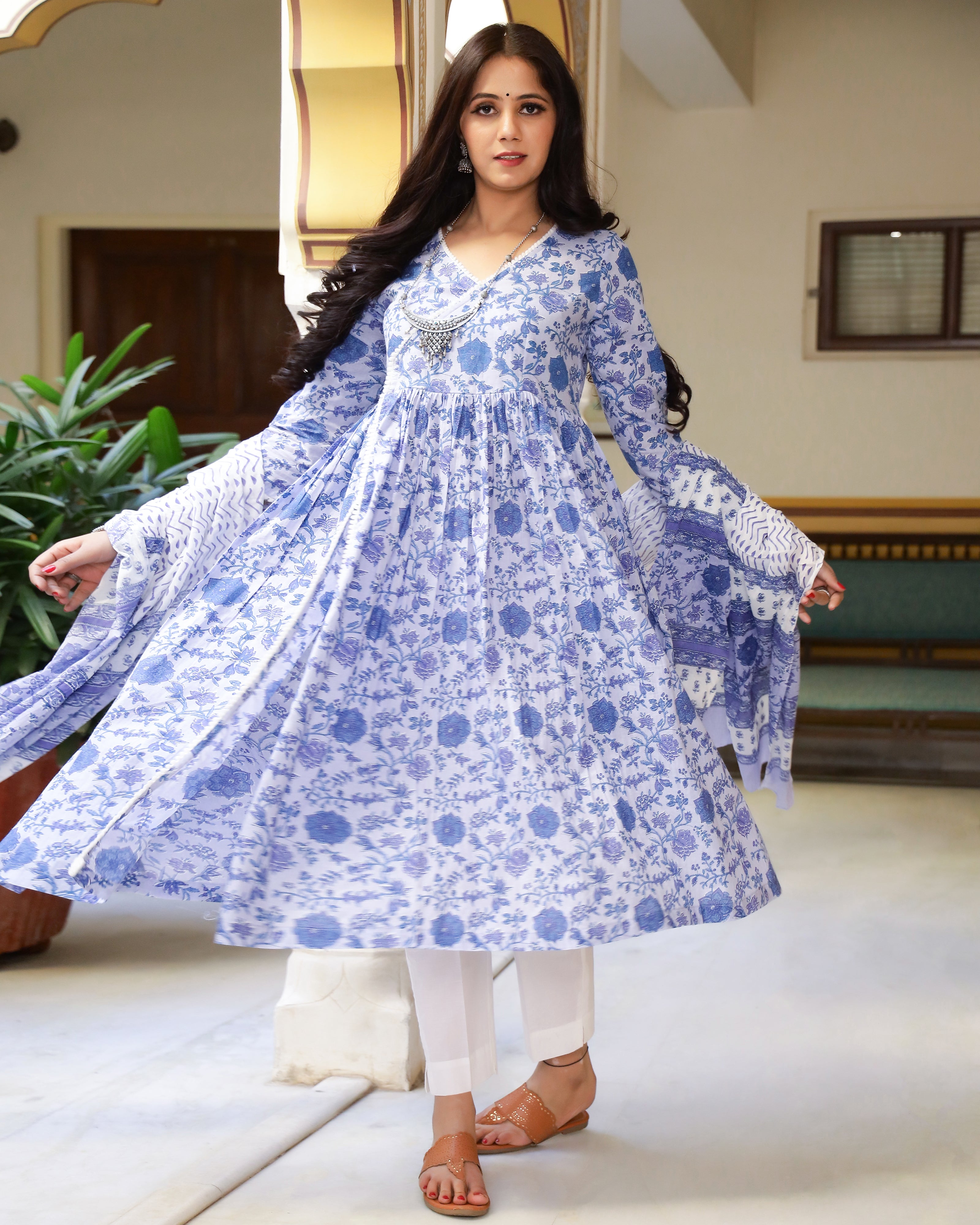 Lavender Printed Cotton Kurta Pants set