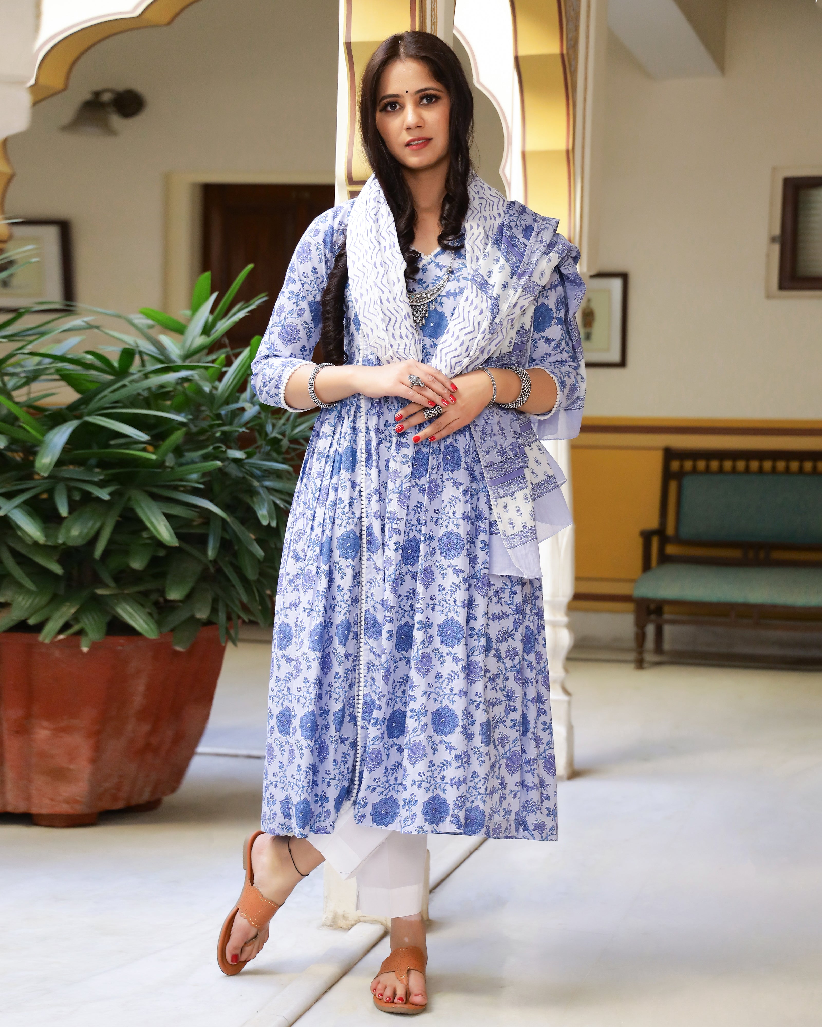 Lavender Printed Cotton Kurta Pants set
