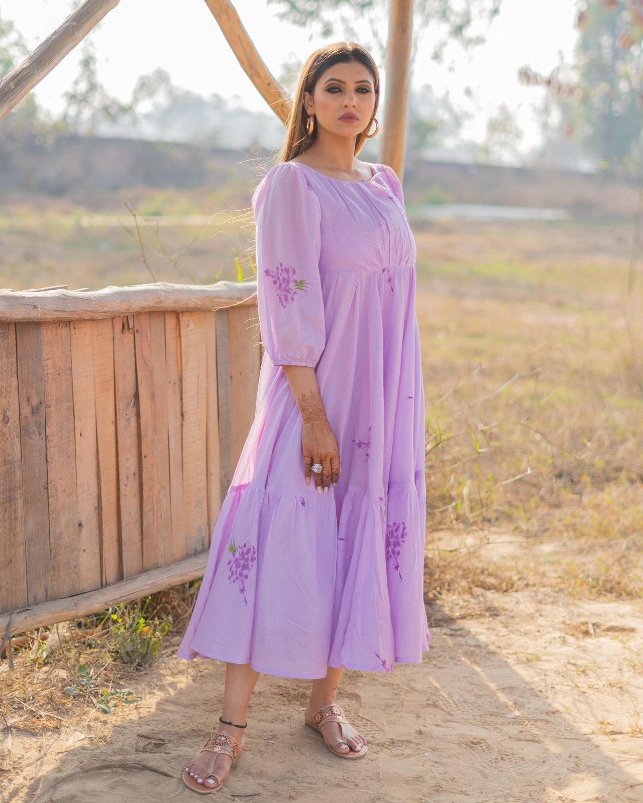 Lavender Block Printed Mulmul Midi Dress
