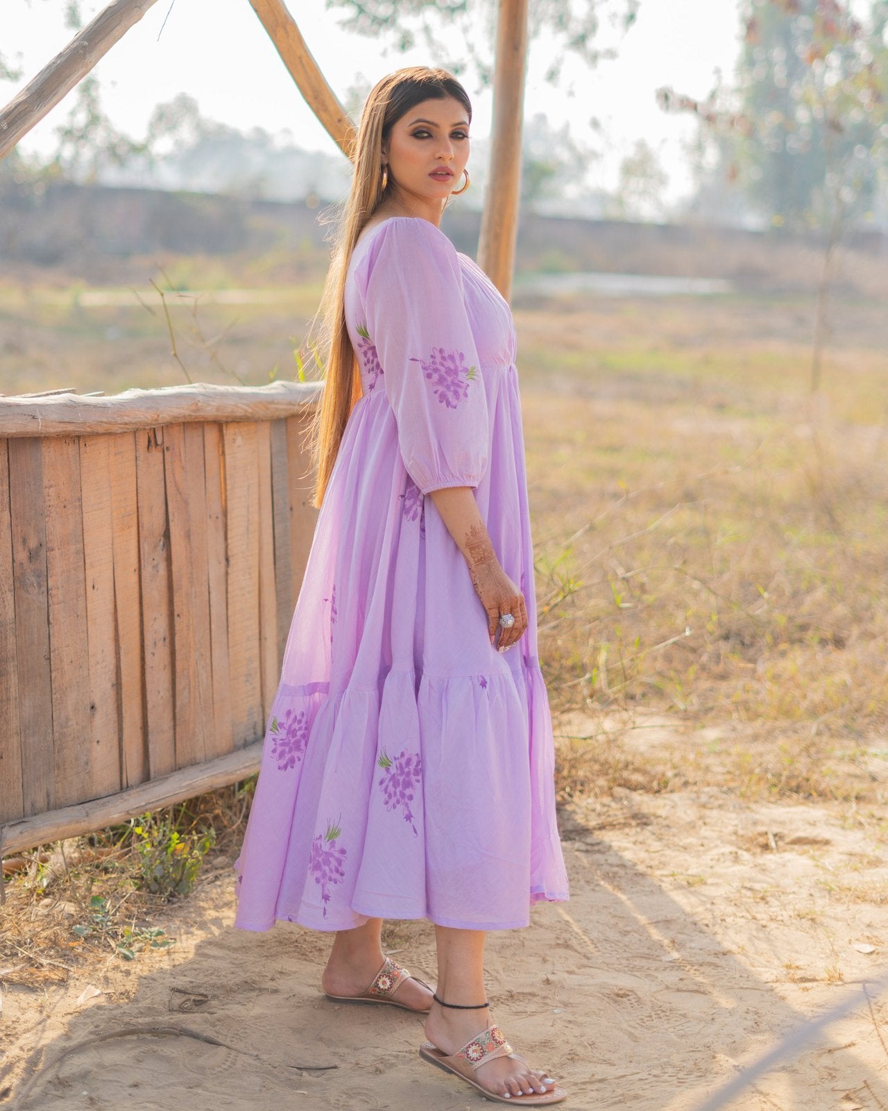 Lavender Block Printed Mulmul Midi Dress