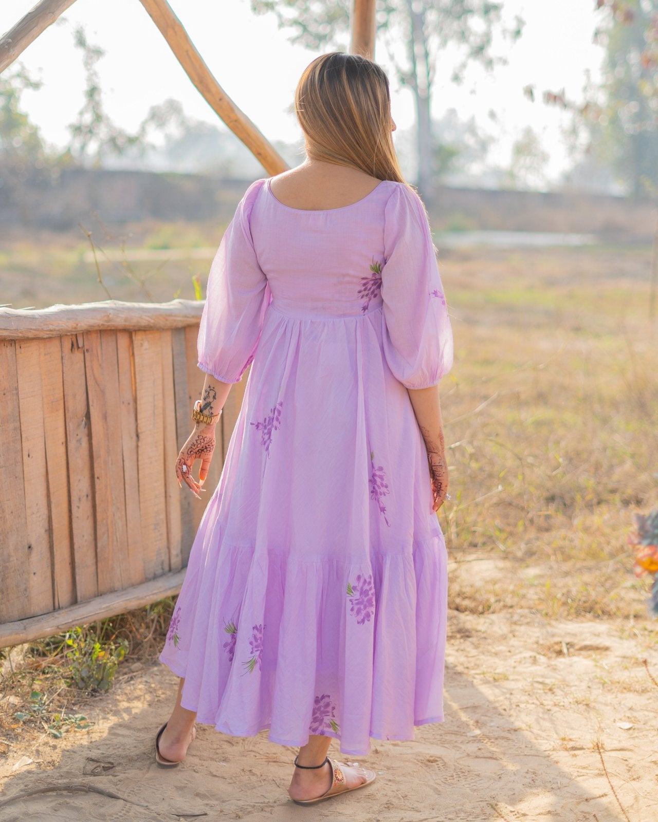 Lavender Block Printed Mulmul Midi Dress