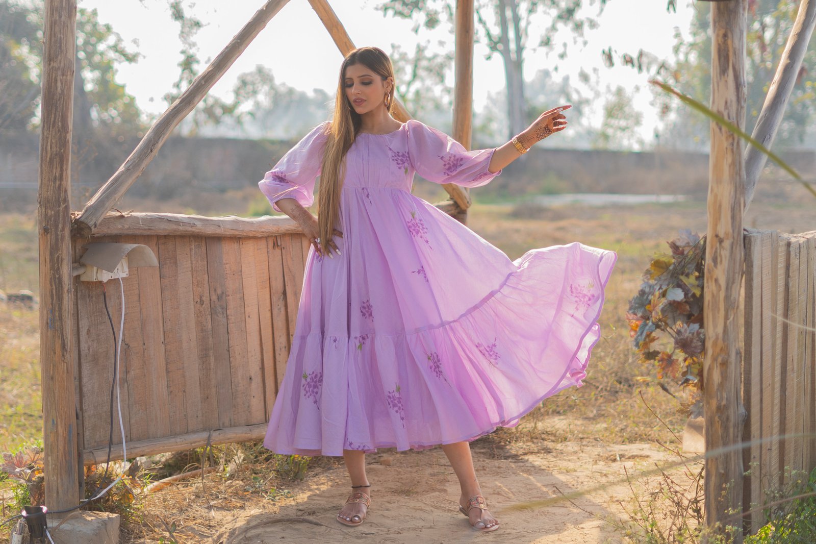 Lavender Block Printed Mulmul Midi Dress