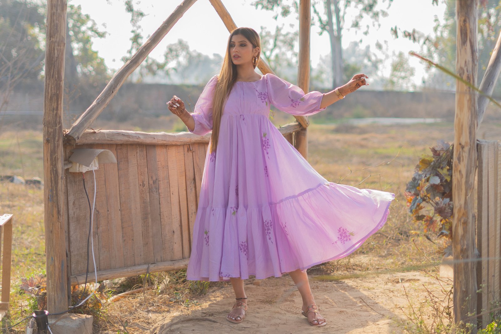 Lavender Block Printed Mulmul Midi Dress