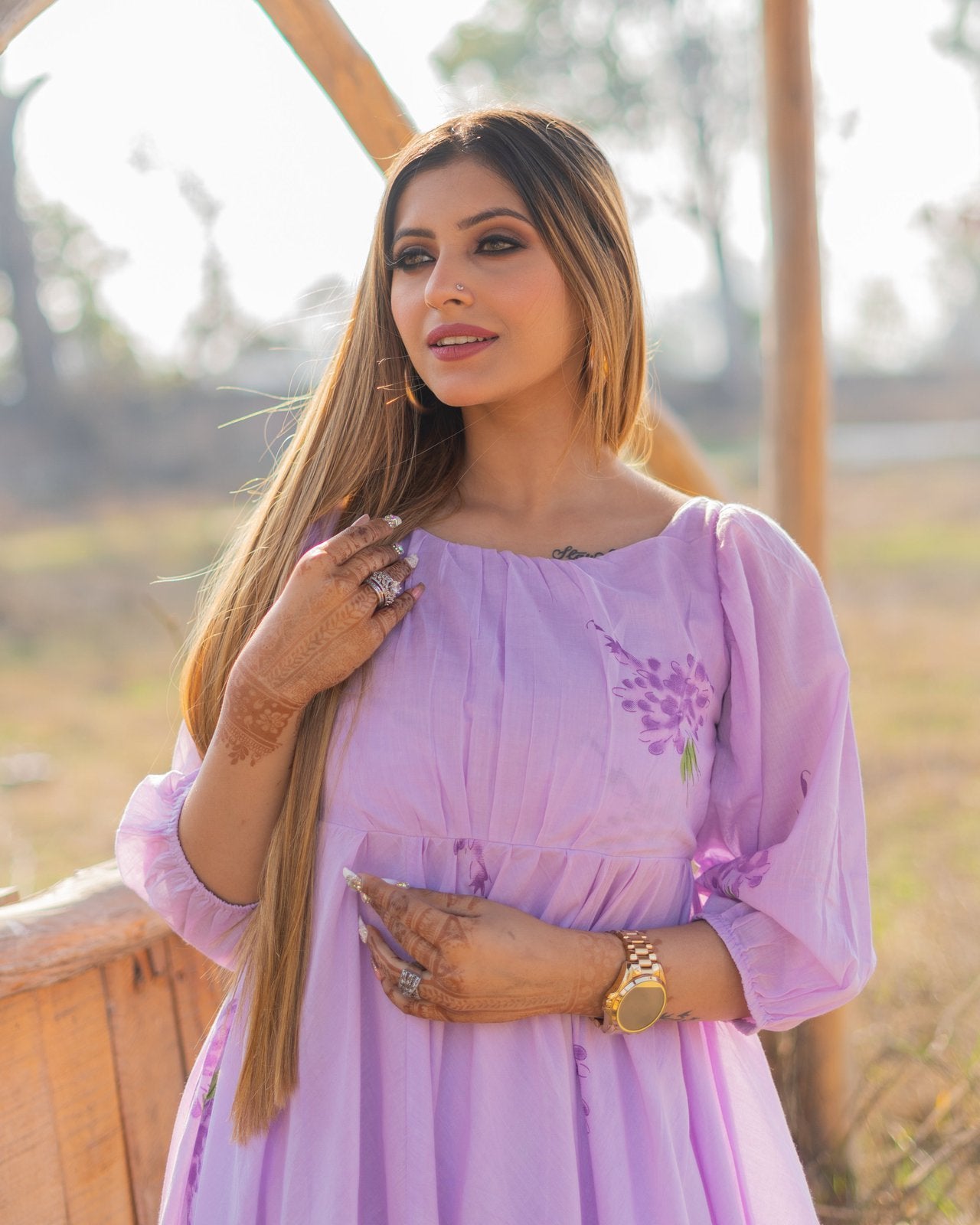 Lavender Block Printed Mulmul Midi Dress