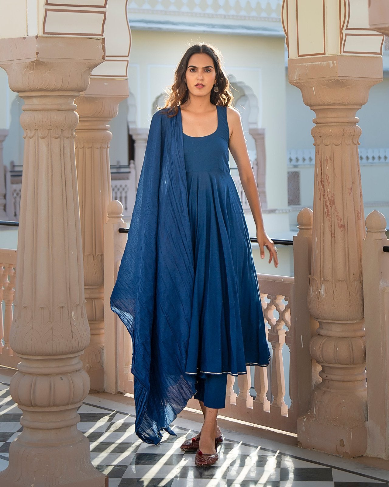 Solid Royal Blue Mulmul Anarkali Suit