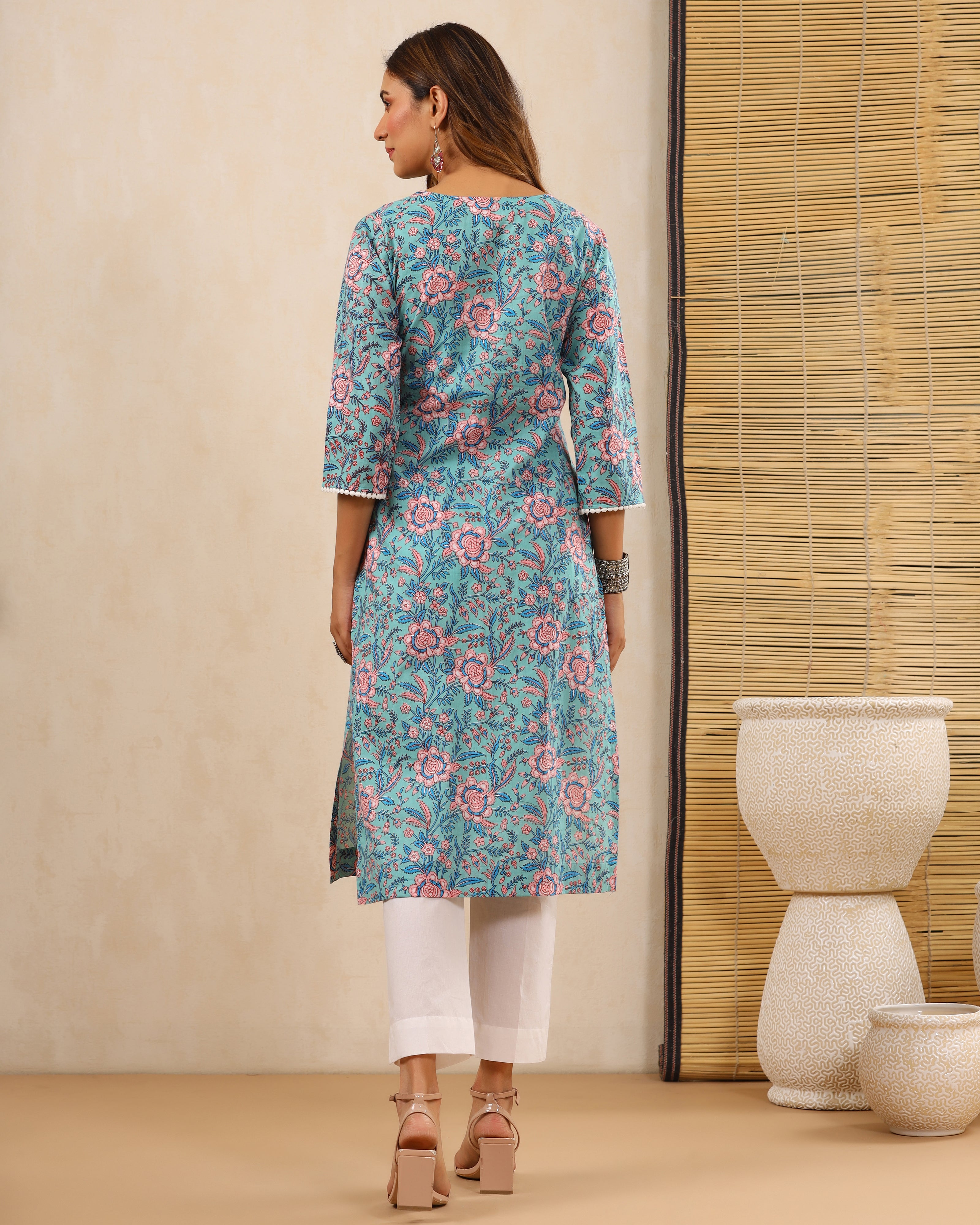 Chaand Teal Block print Kurti with Crochet lace