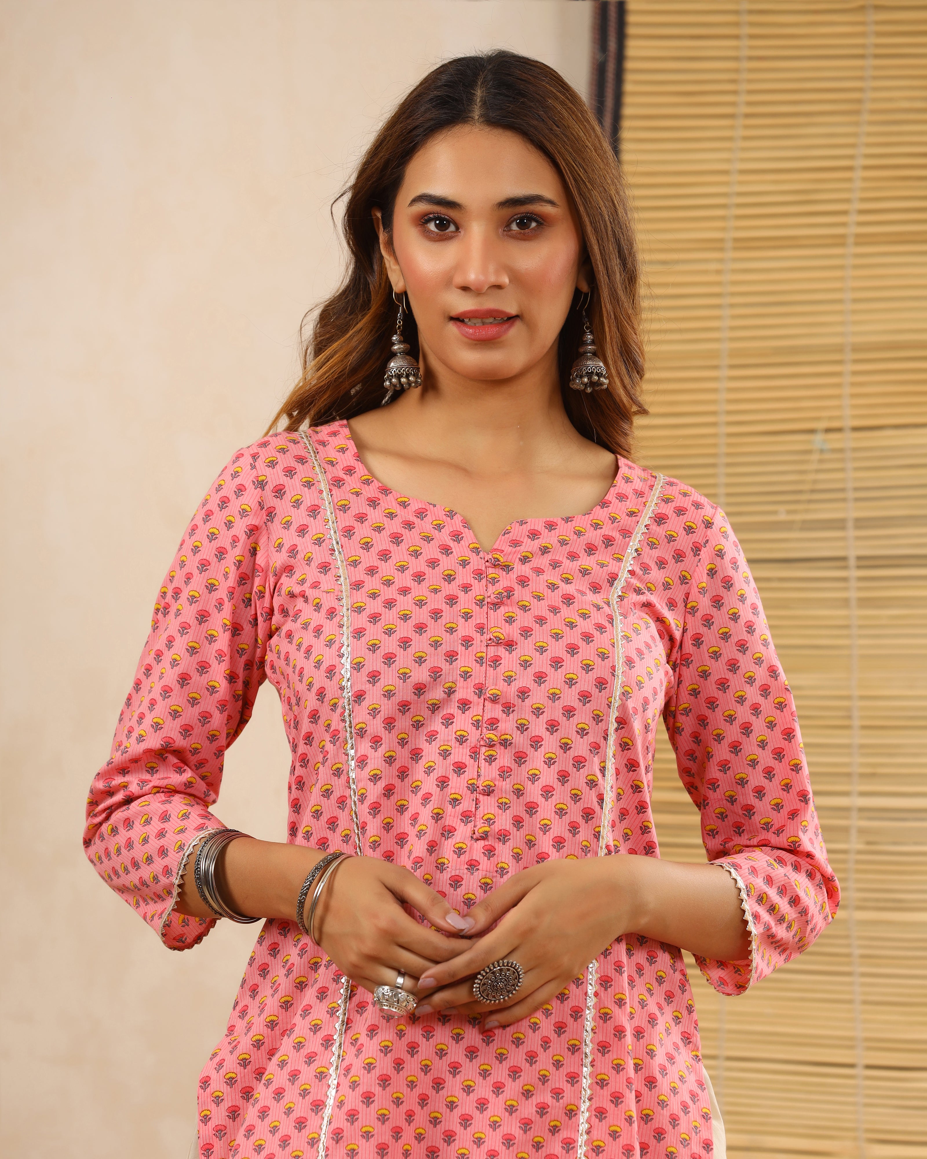 Honey Pink Block print Kurti with Gota Lace