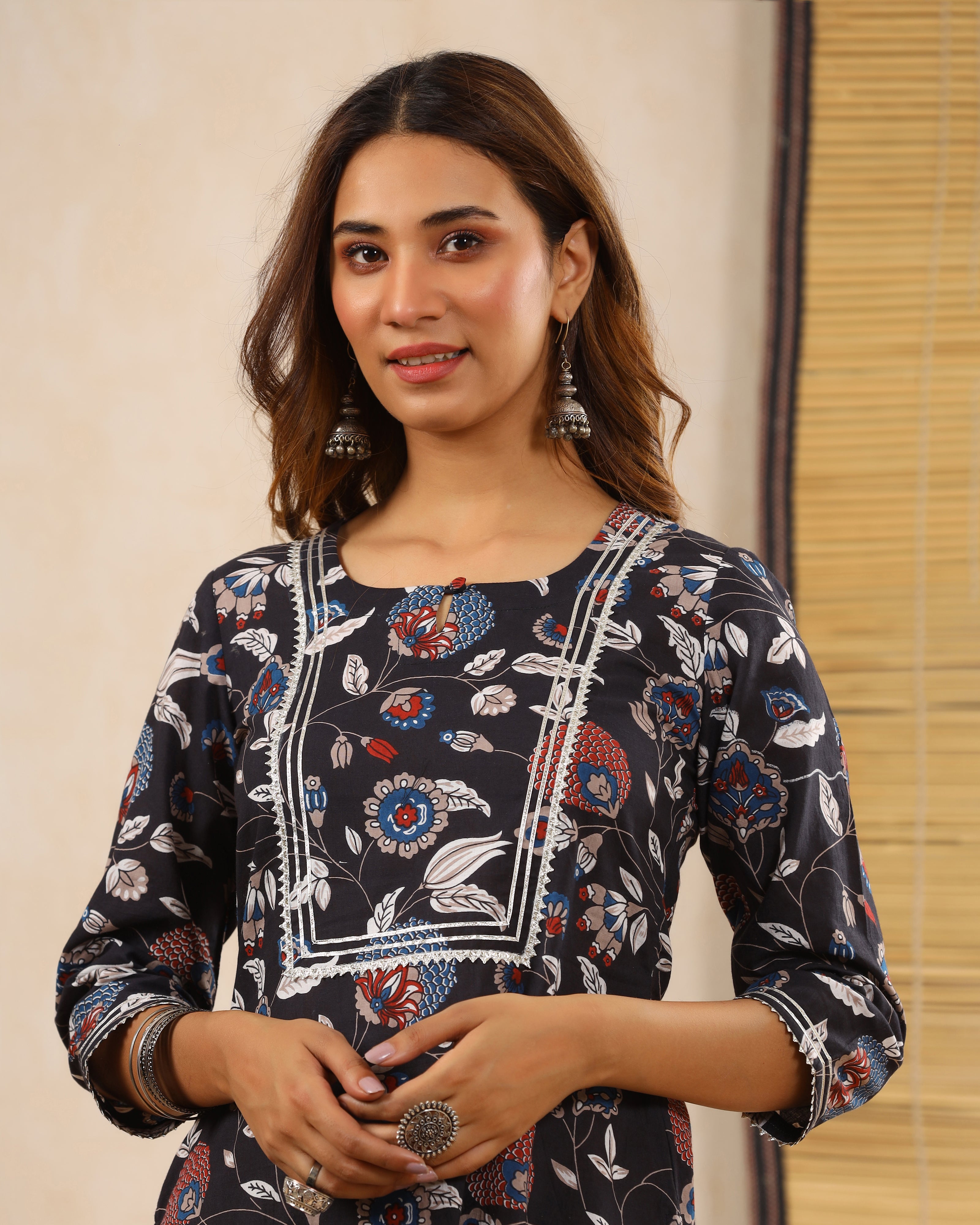 Jolly Black Block print Kurti with Gota Lace