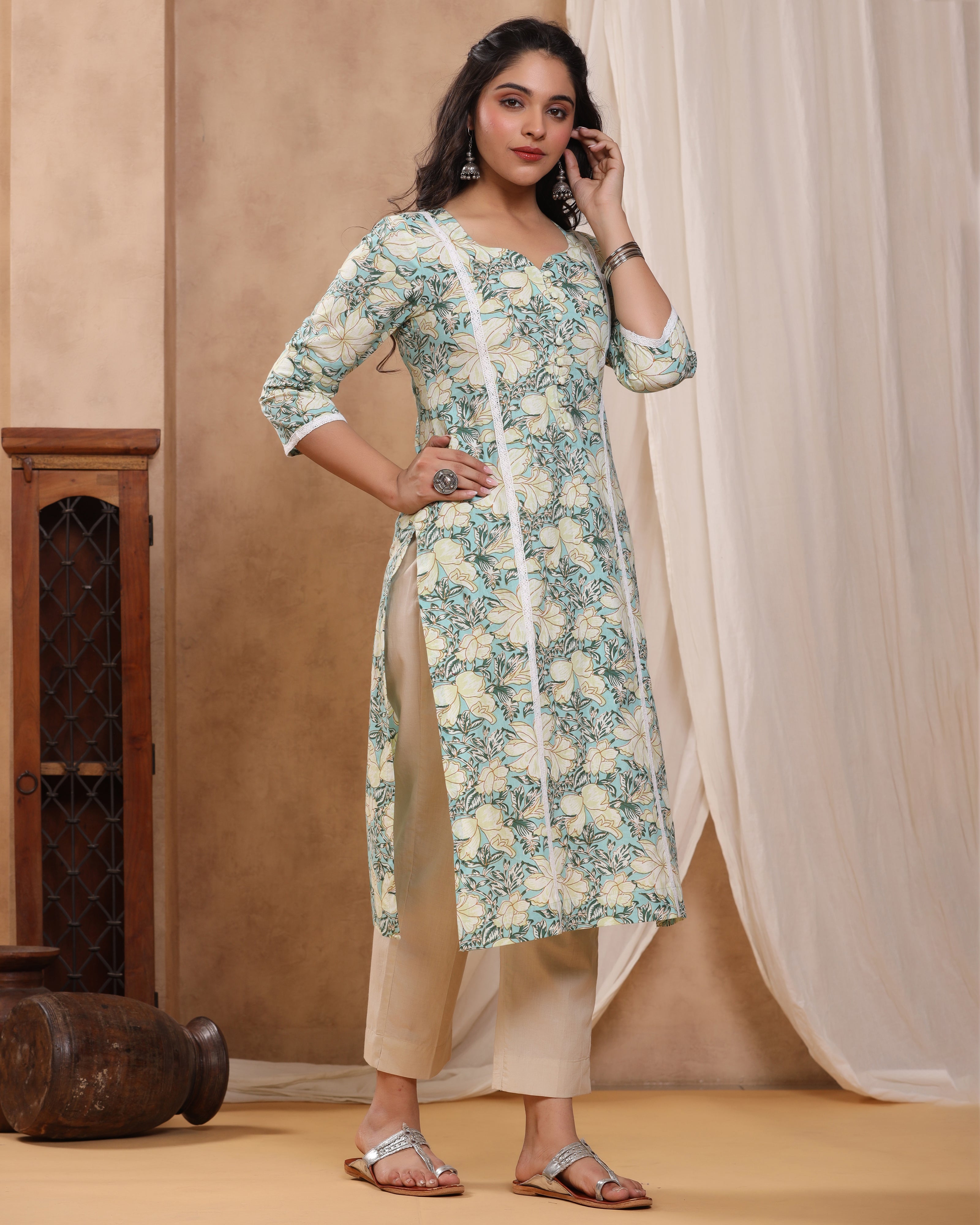 Bahaar Teal Block print Kurti with Crochet lace