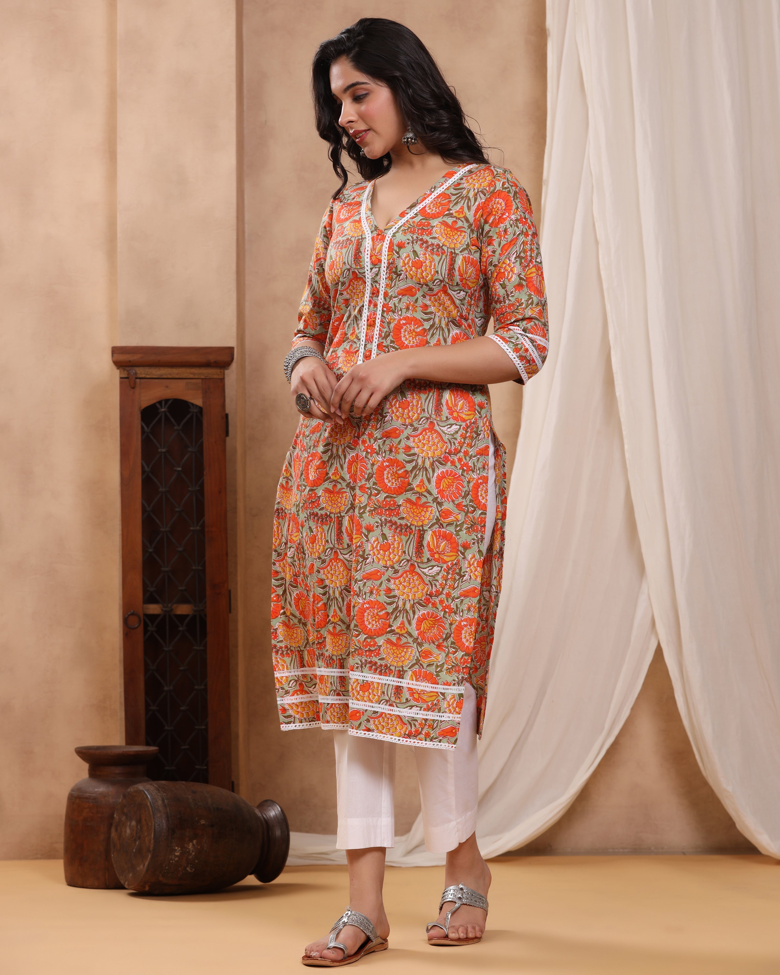 Bahaar Mint Green Block print Kurti with Crochet lace