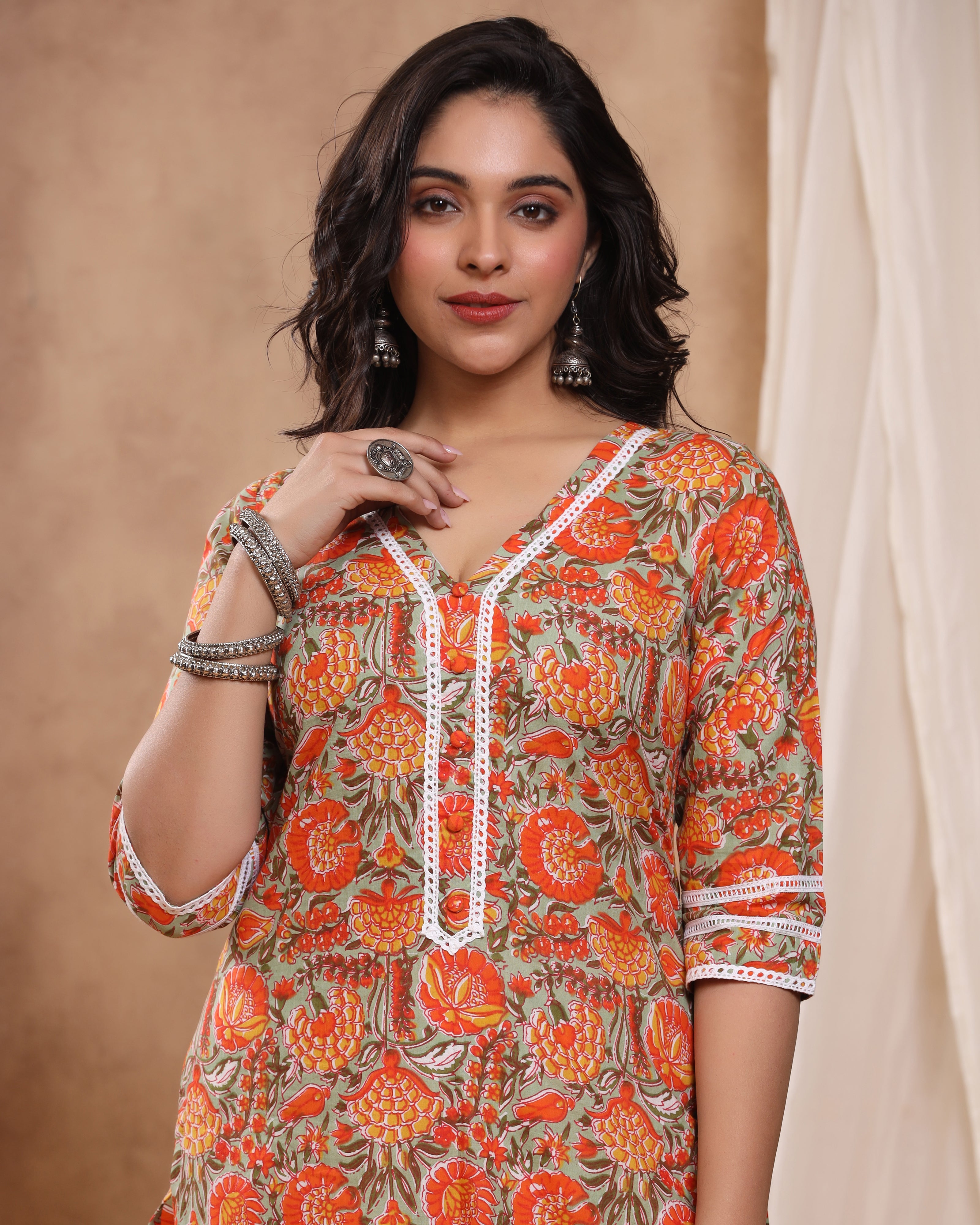 Bahaar Mint Green Block print Kurti with Crochet lace