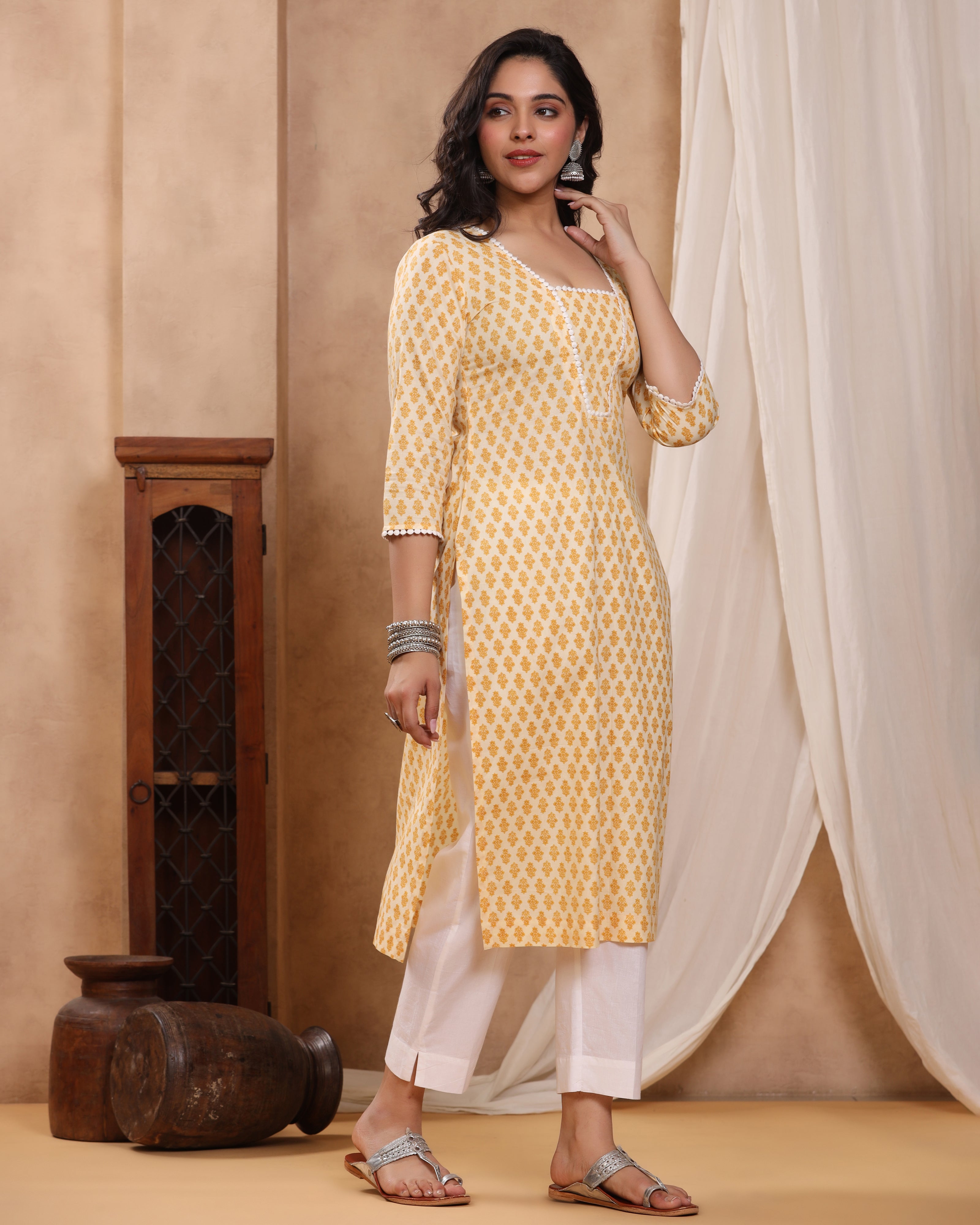 Chaand Mustard Block print Kurti with Crochet lace