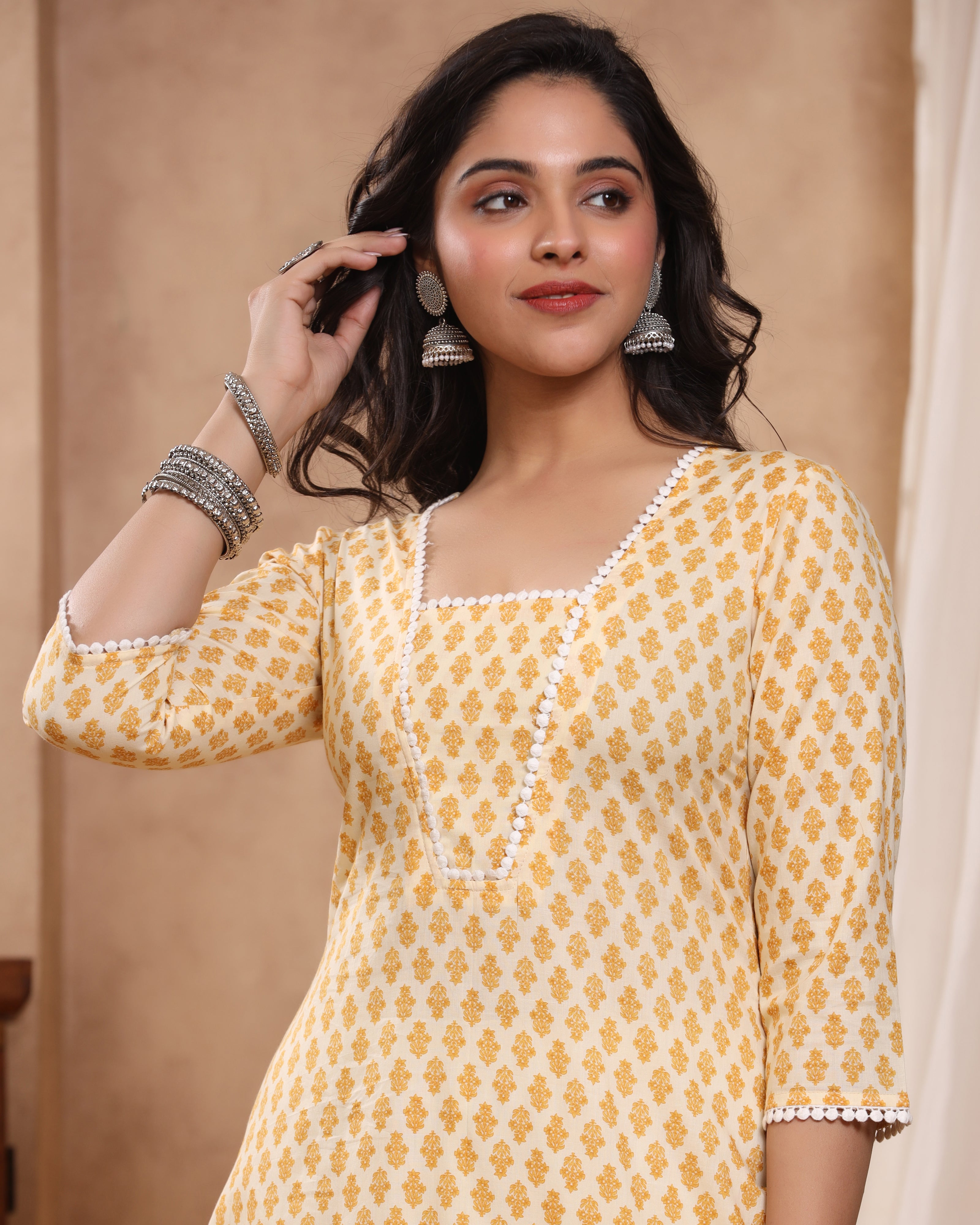 Chaand Mustard Block print Kurti with Crochet lace
