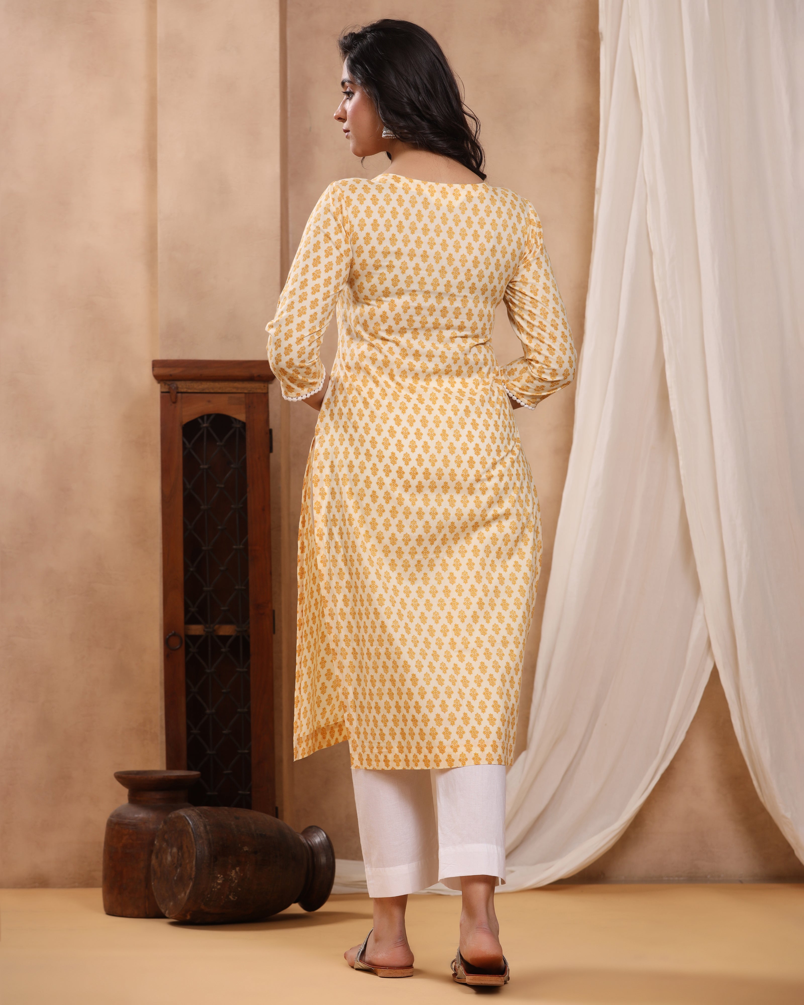 Chaand Mustard Block print Kurti with Crochet lace