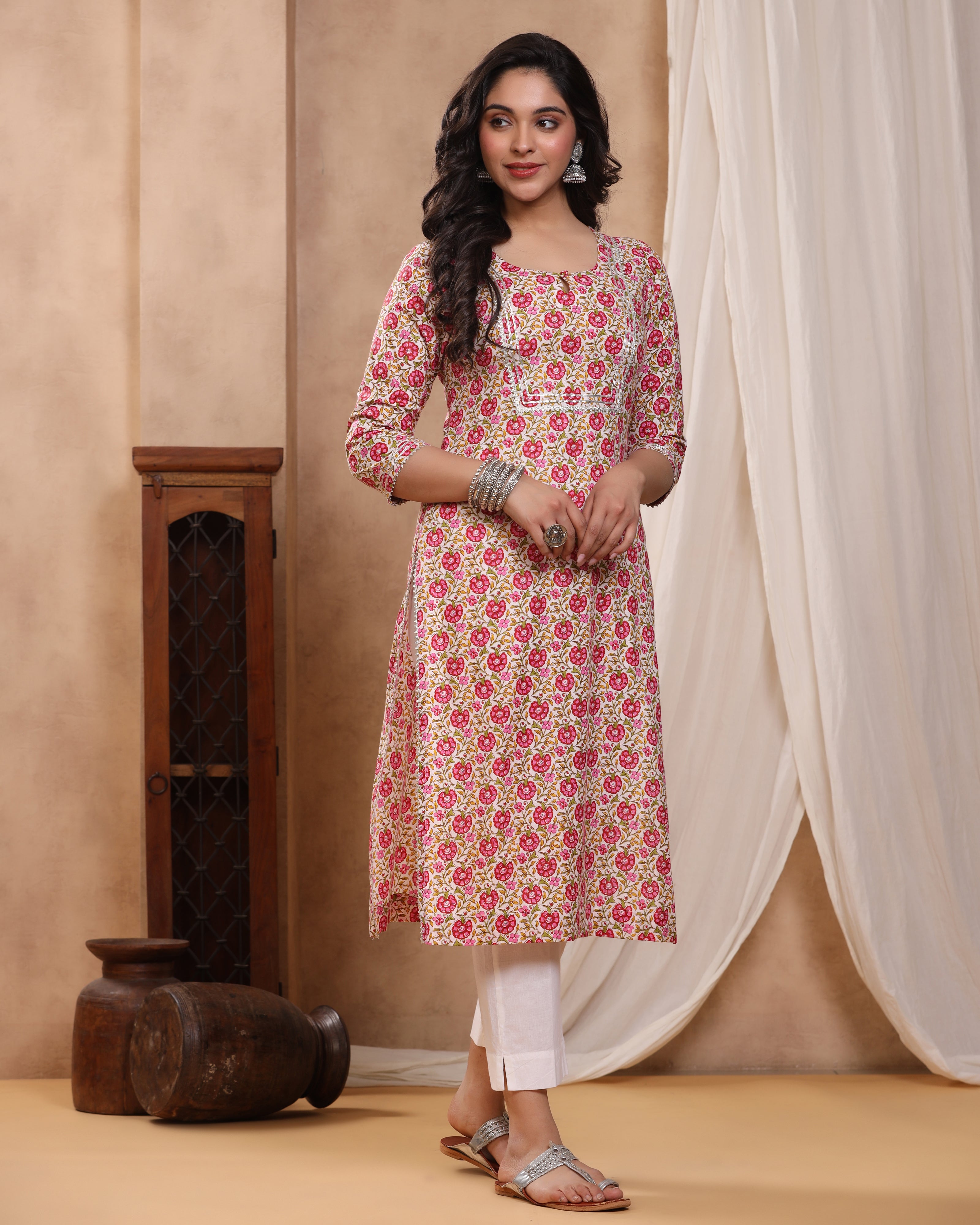 Jolly Magenta Block print Kurti with Gota Lace