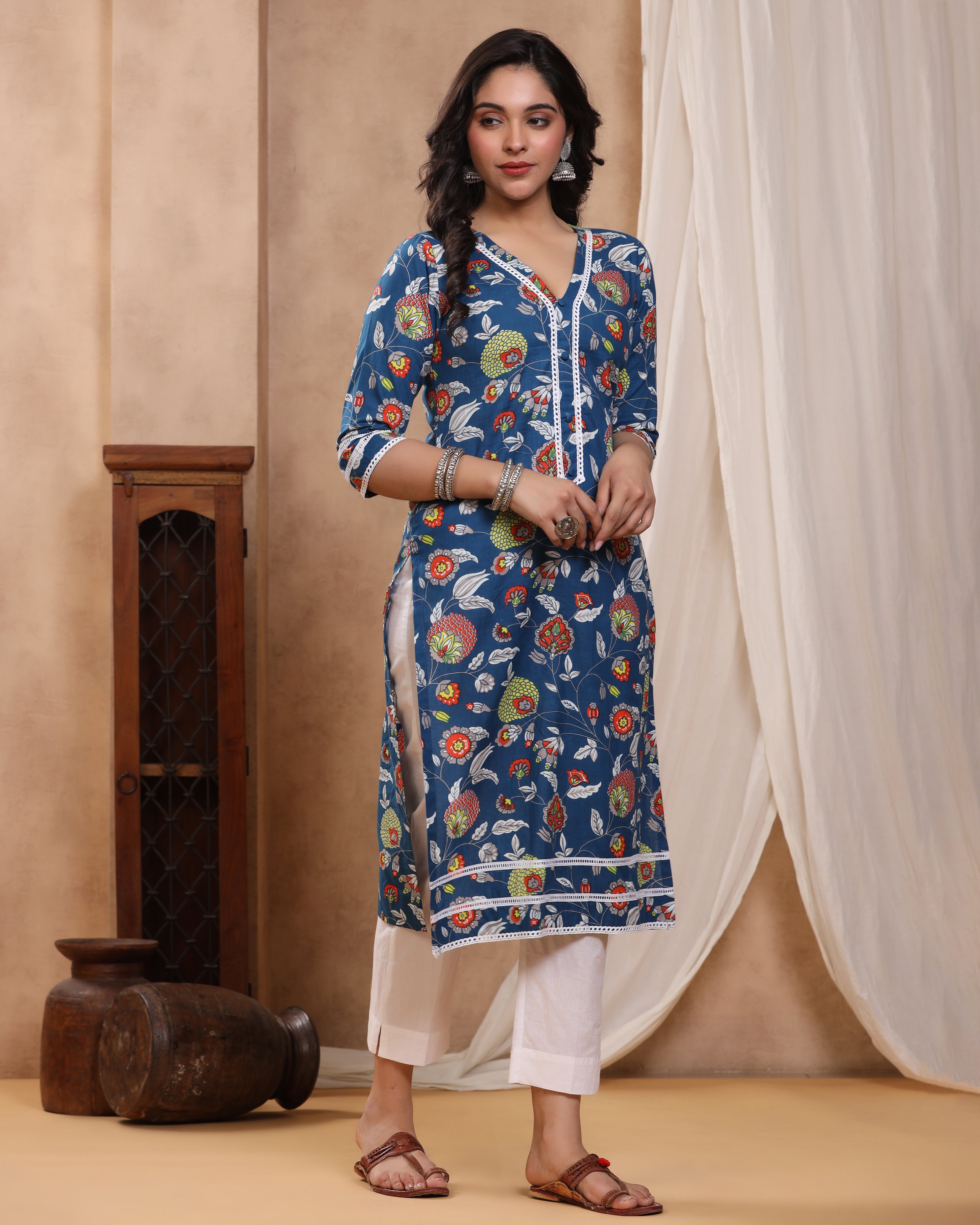 Bahaar Blue Block print Kurti with Crochet lace