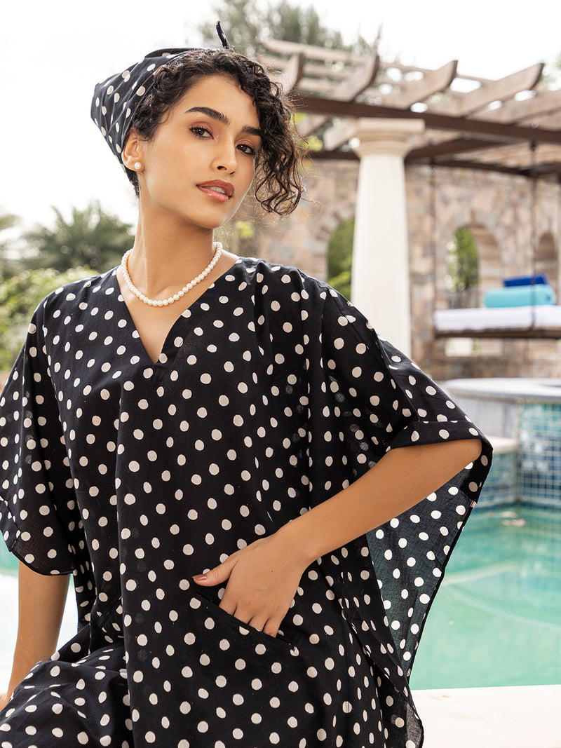 Black Polka Dot Up-Down Mulmul Kaftan