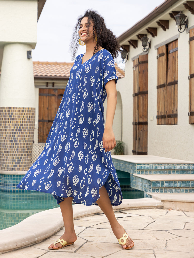 Royal Blue Hand Block Printed  Modal Kaftan Dress