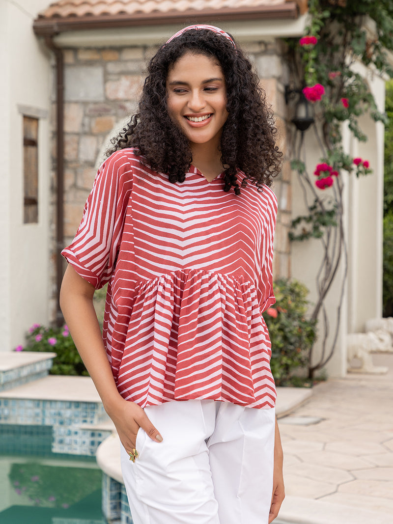 Coral Hand Block Printed  Modal Top