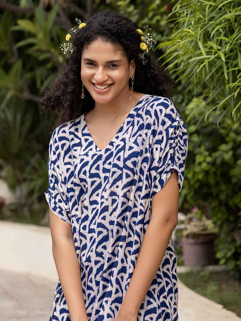 Indigo Hand Block Printed  Modal Kaftan Dress