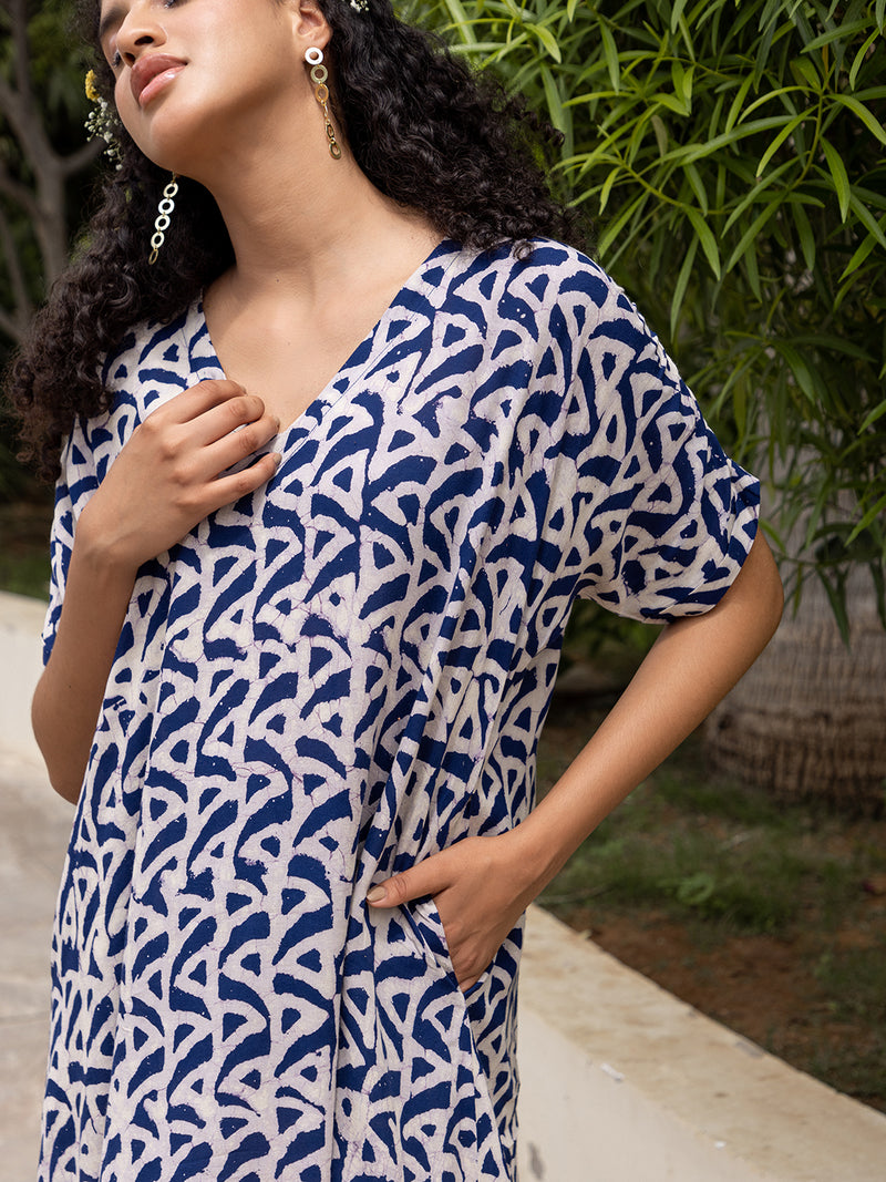 Indigo Hand Block Printed  Modal Kaftan Dress