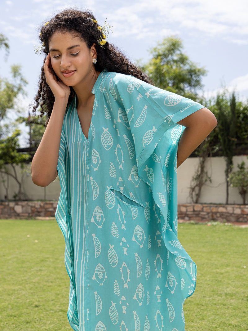 Aqua Hand Block Printed Up-Down Modal Kaftan