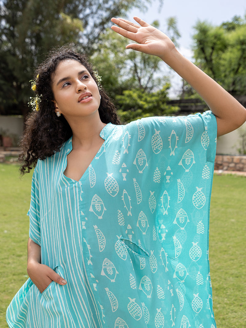 Aqua Hand Block Printed Up-Down Modal Kaftan