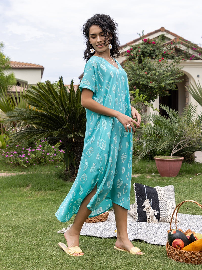 Aqua Hand Block Printed  Modal Kaftan Dress