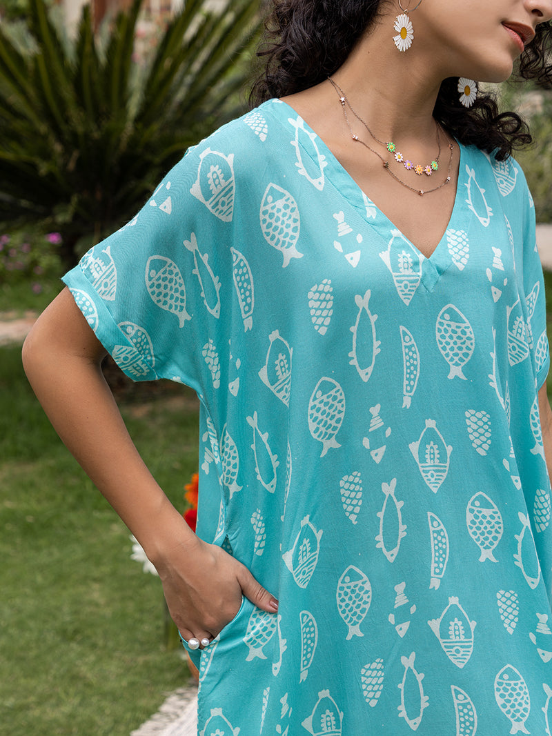 Aqua Hand Block Printed  Modal Kaftan Dress